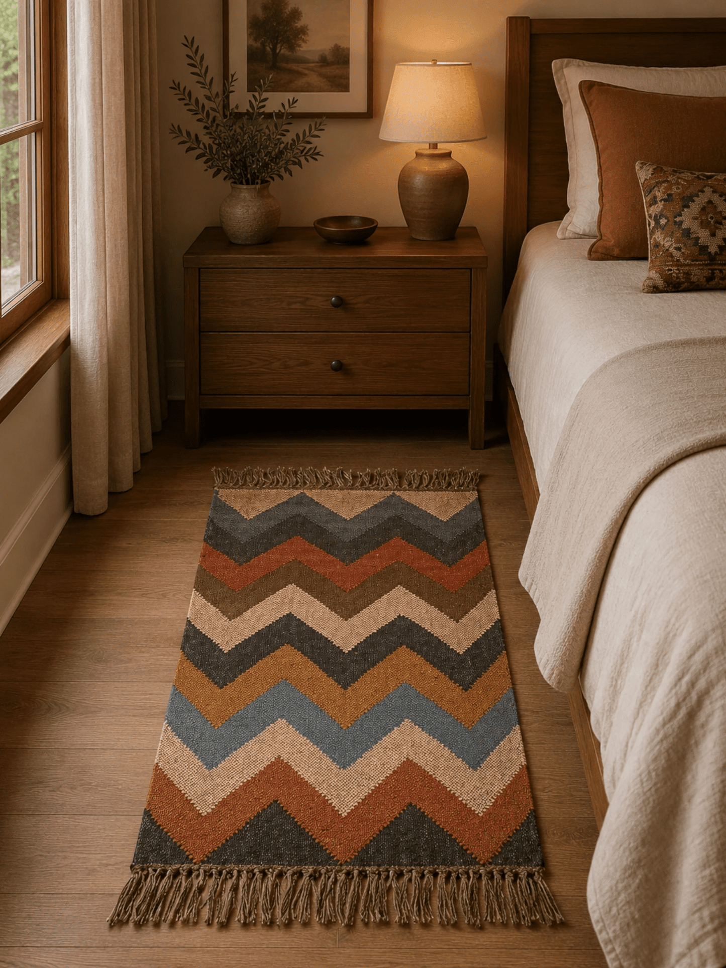 Alfombra Kilim 60x90 cms para (comedor, salón, dormitorio...dinning, living,  room) multicolor de yute y lana.