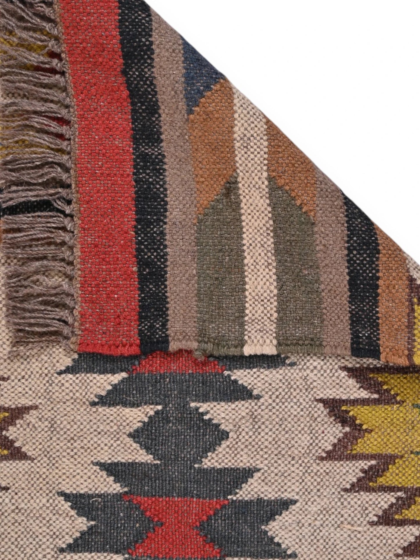 Detalle de alfombras kililm pasillo 60x90 multicolor necha a mano en fibras naturales