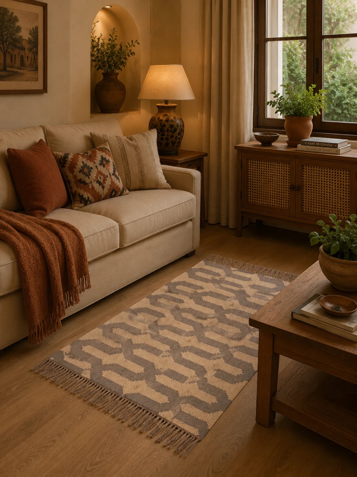 Alfombra Kilim 60x90 cms para (comedor, salón, dormitorio dinning, living,  room) multicolor de yute y lana.