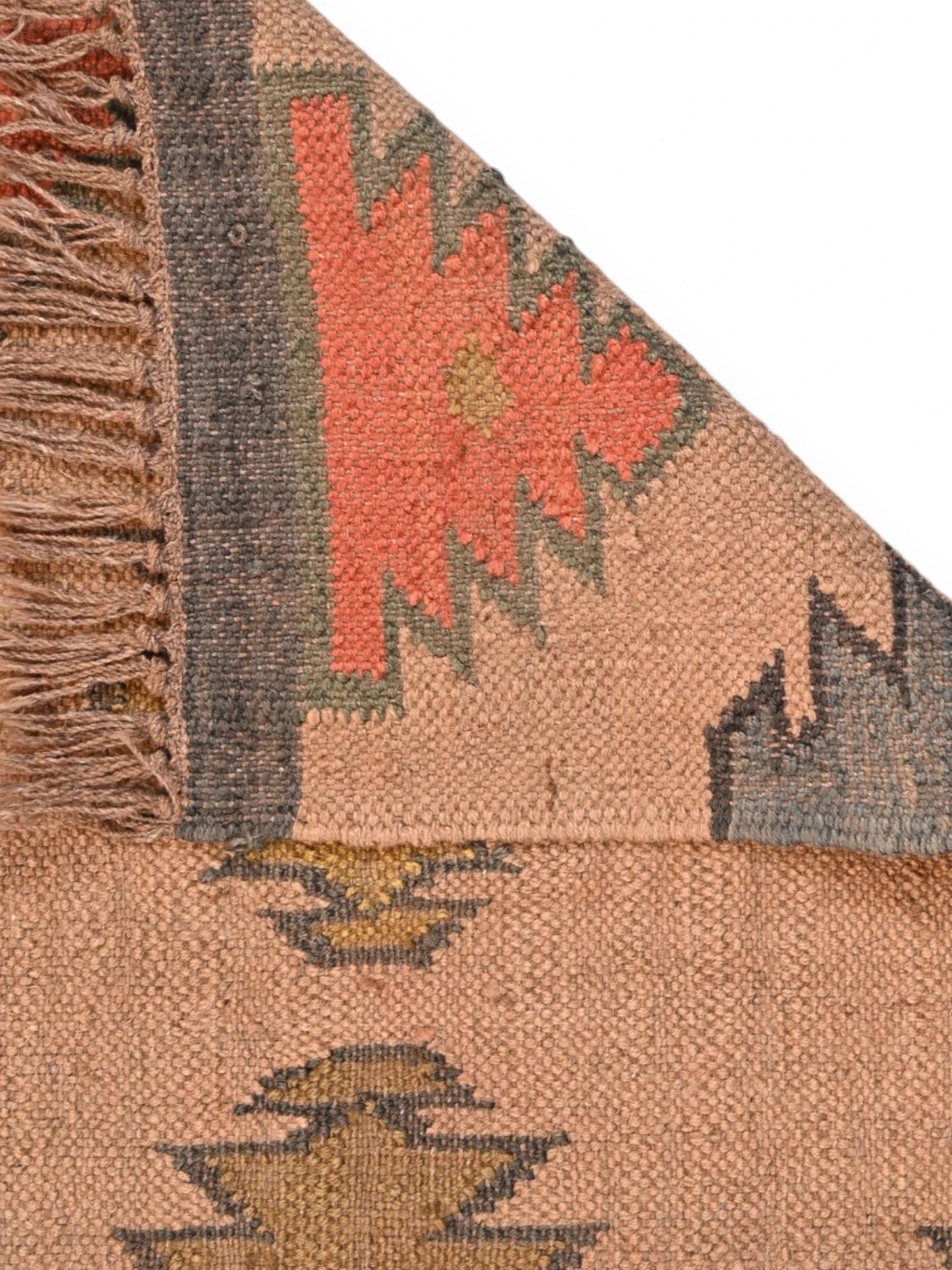 Detalle de alfombras kililm pasillo 60x90 multicolor necha a mano en fibras naturales