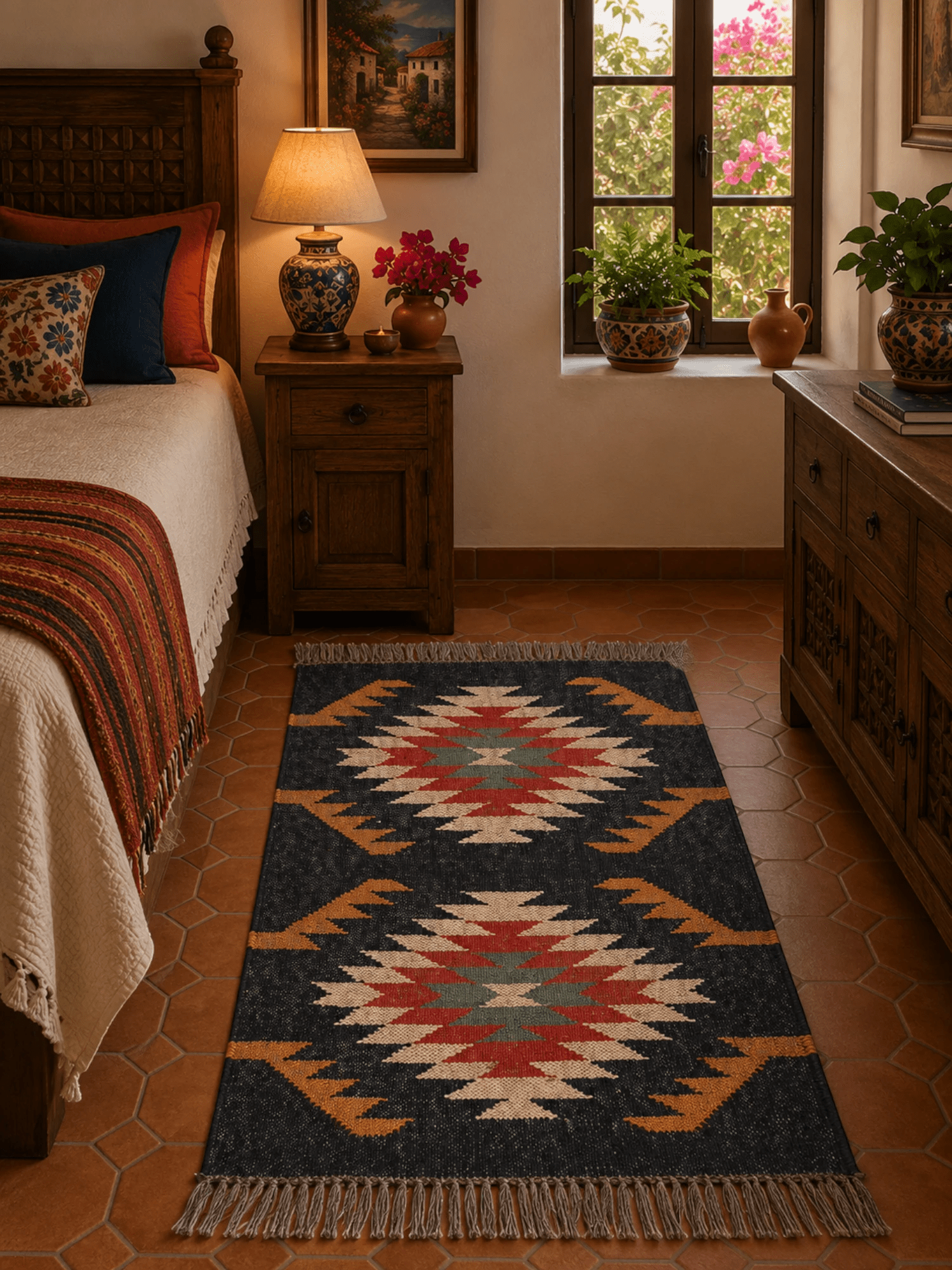 Alfombra Kilim 60x90 cms para (comedor, salón, dormitorio...dinning, living,  room) multicolor de yute y lana.