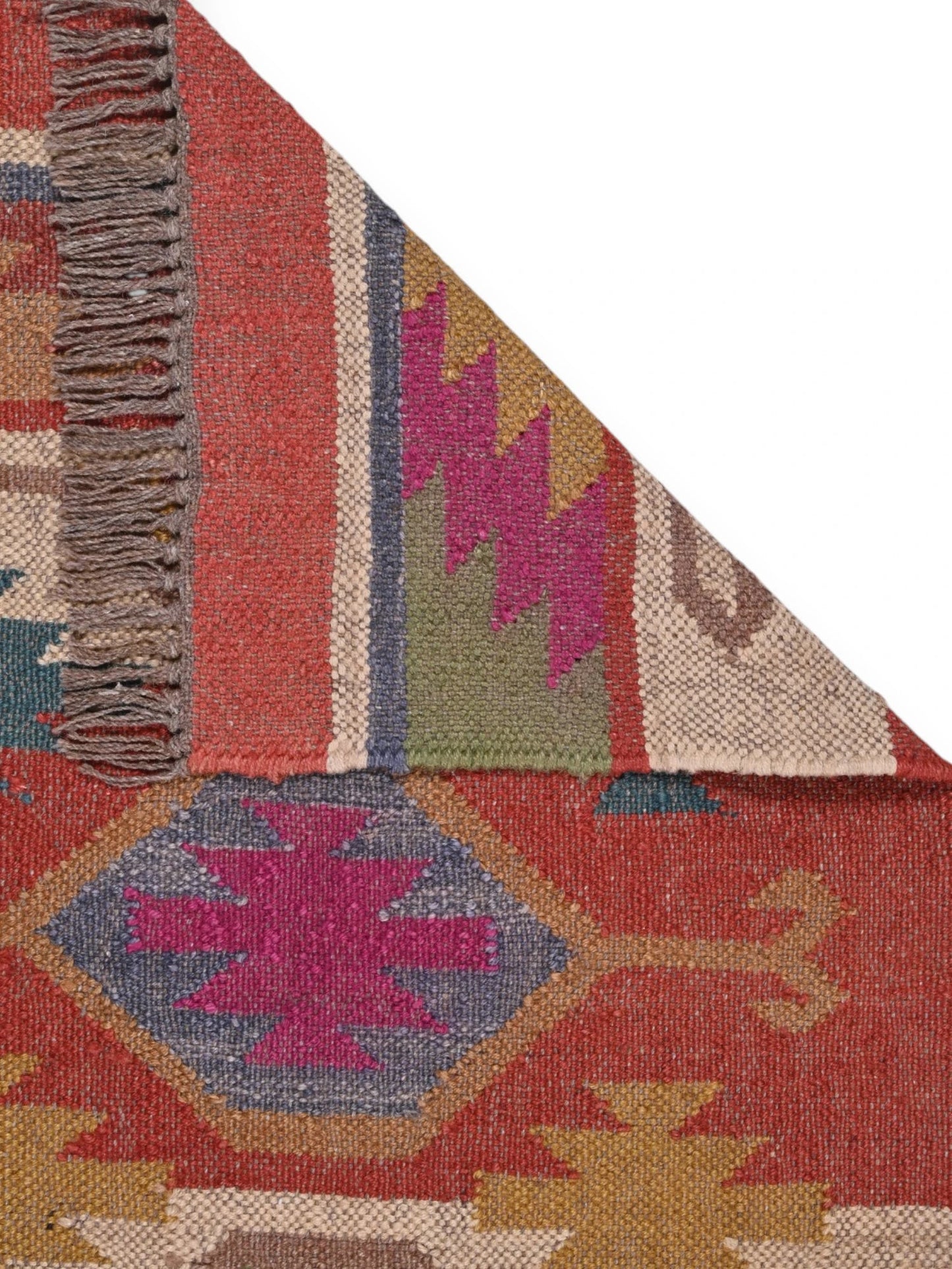 Detalle de alfombra kilim pasillo 60x90 multicolor hecha a mano en fibras naturales