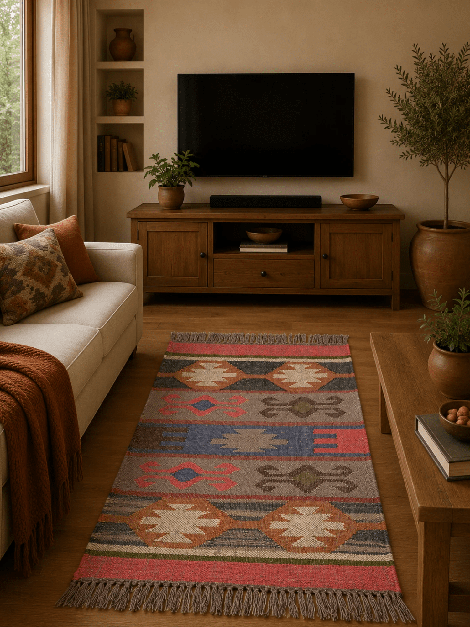 Alfombra Kilim 60x90 cms para (comedor, salón, dormitorio...dinning, living,  room) multicolor de yute y lana.