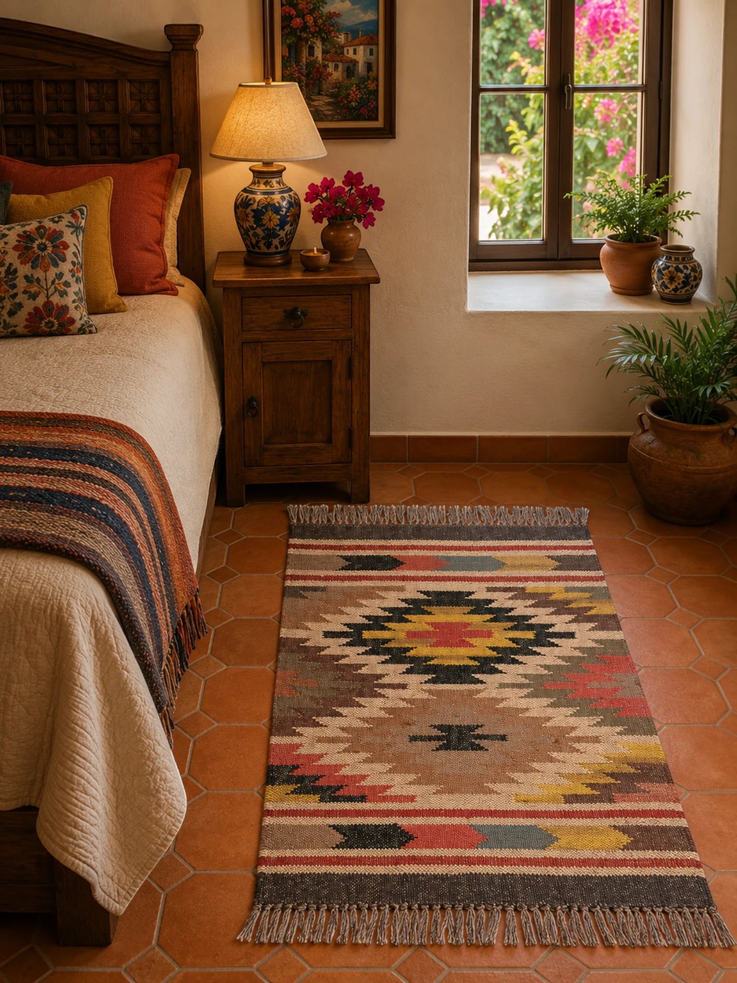 Alfombra Kilim 60x90 cms para (comedor, salón, dormitorio...dinning, living,  room) multicolor de yute y lana.