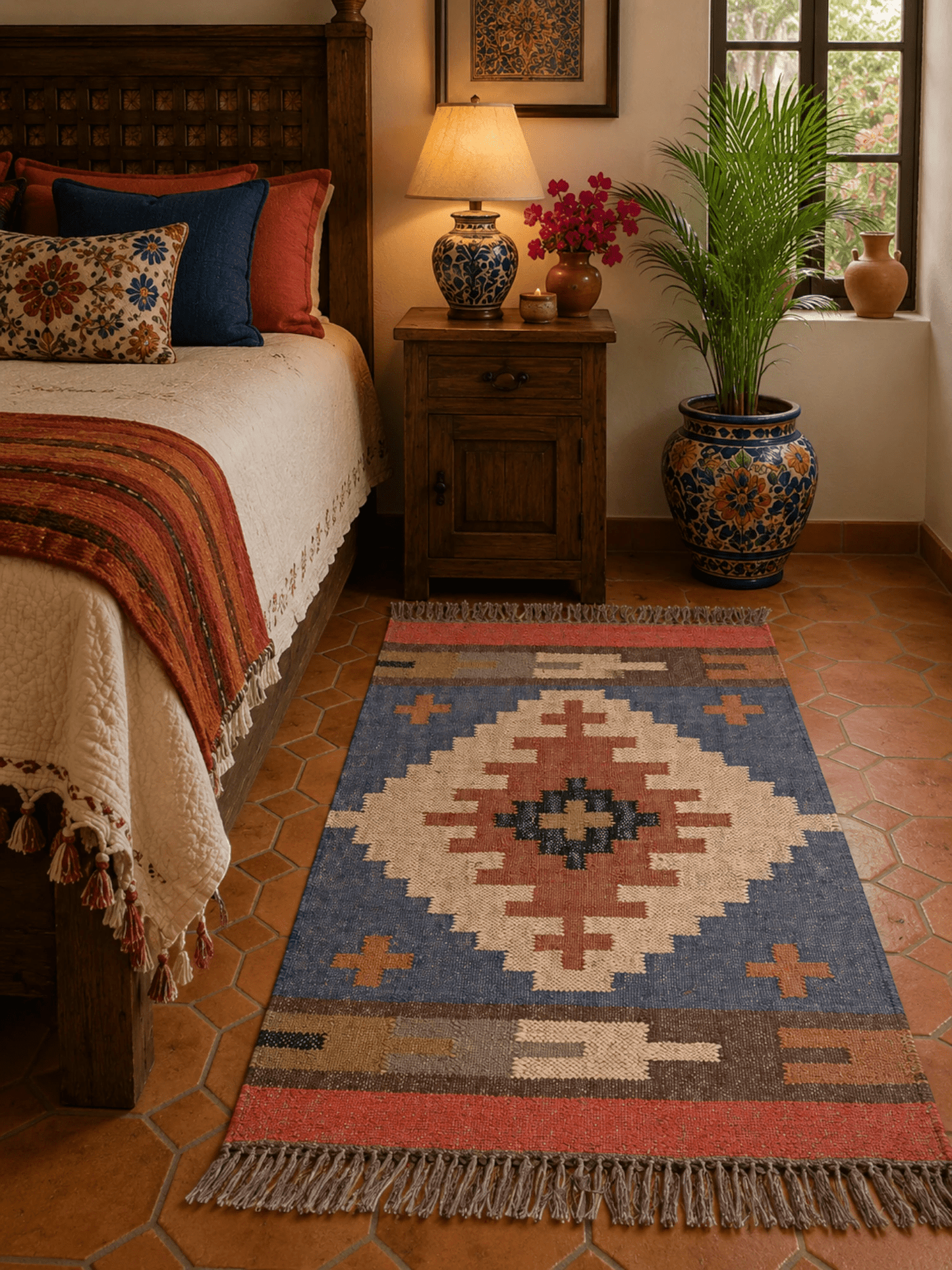 Alfombra Kilim 60x90 cms para (comedor, salón, dormitorio...dinning, living,  room) multicolor de yute y lana.
