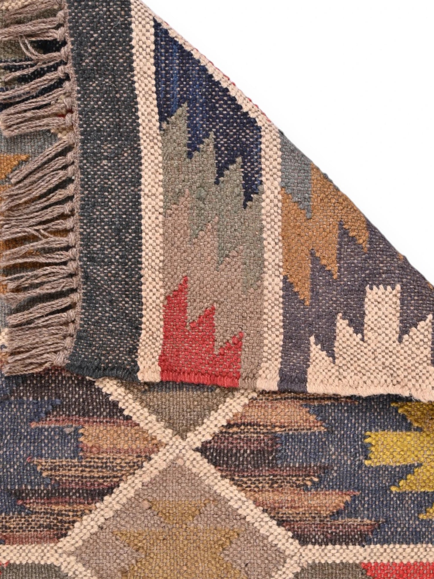 Detalle de alfombras kililm pasillo 60x90 multicolor necha a mano en fibras naturales