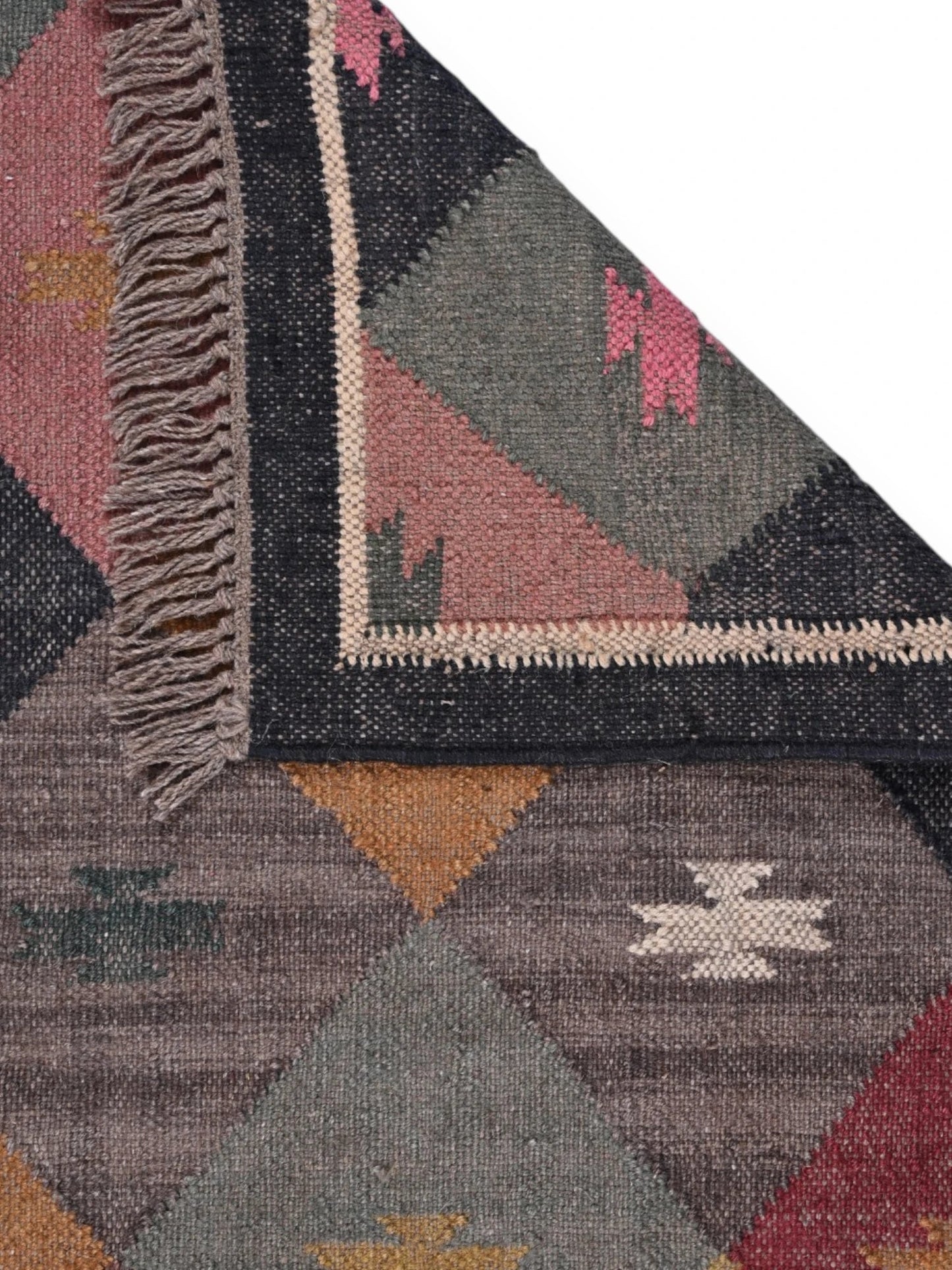 Detalle de alfombras kililm pasillo 60x90  multicolor necha a mano en fibras naturales