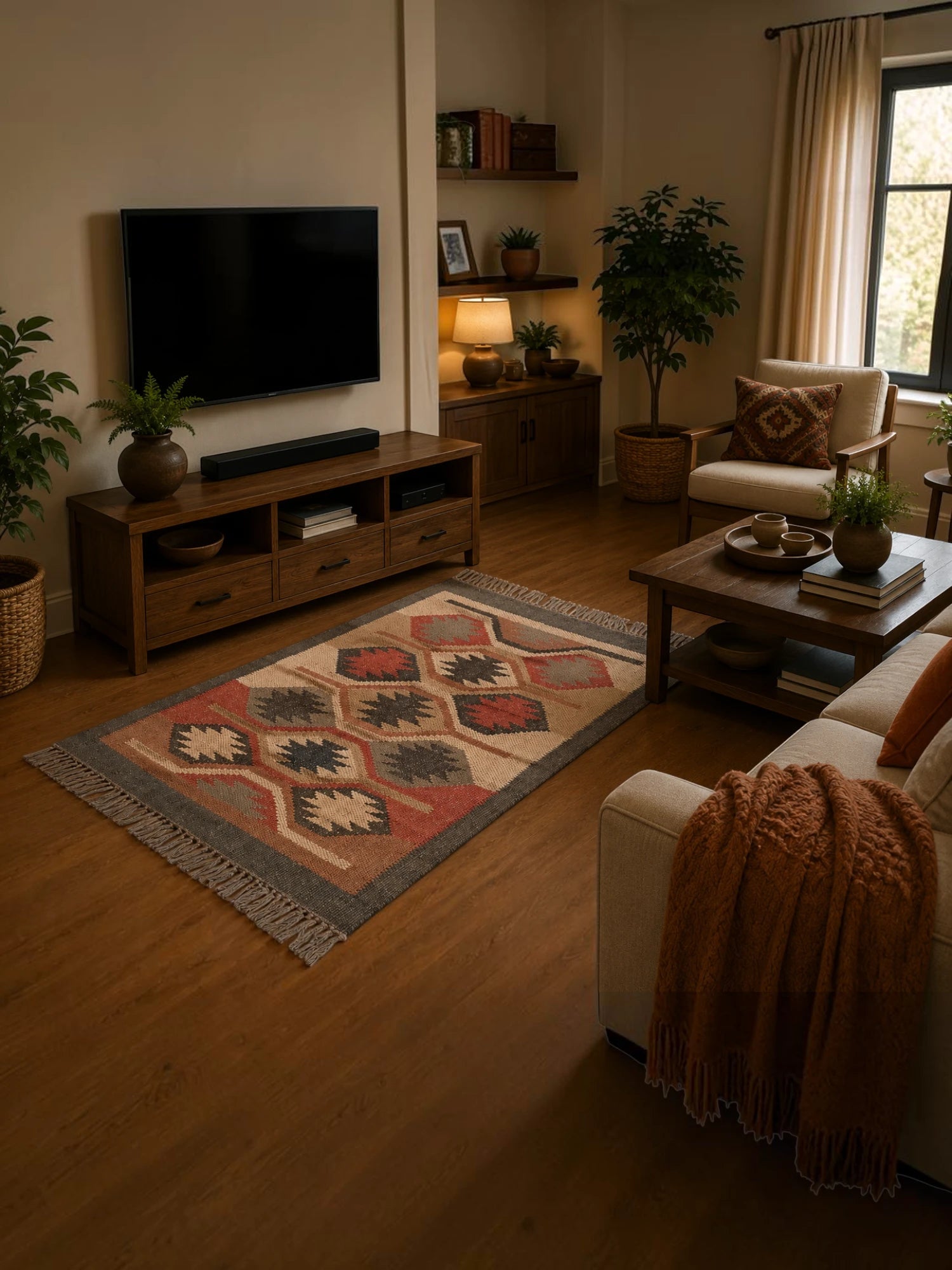 Alfombra Kilim 60x90 para (comedor, salón, dormitorio dinning, living,  room) multicolor de yute y lana.