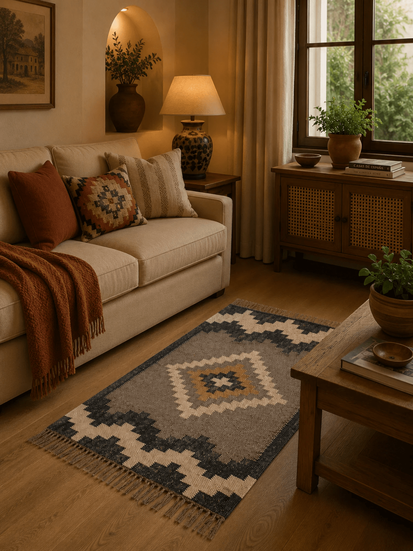 Alfombra Kilim 60x90 cms para (comedor, salón, dormitorio...dinning, living,  room) multicolor de yute y lana.