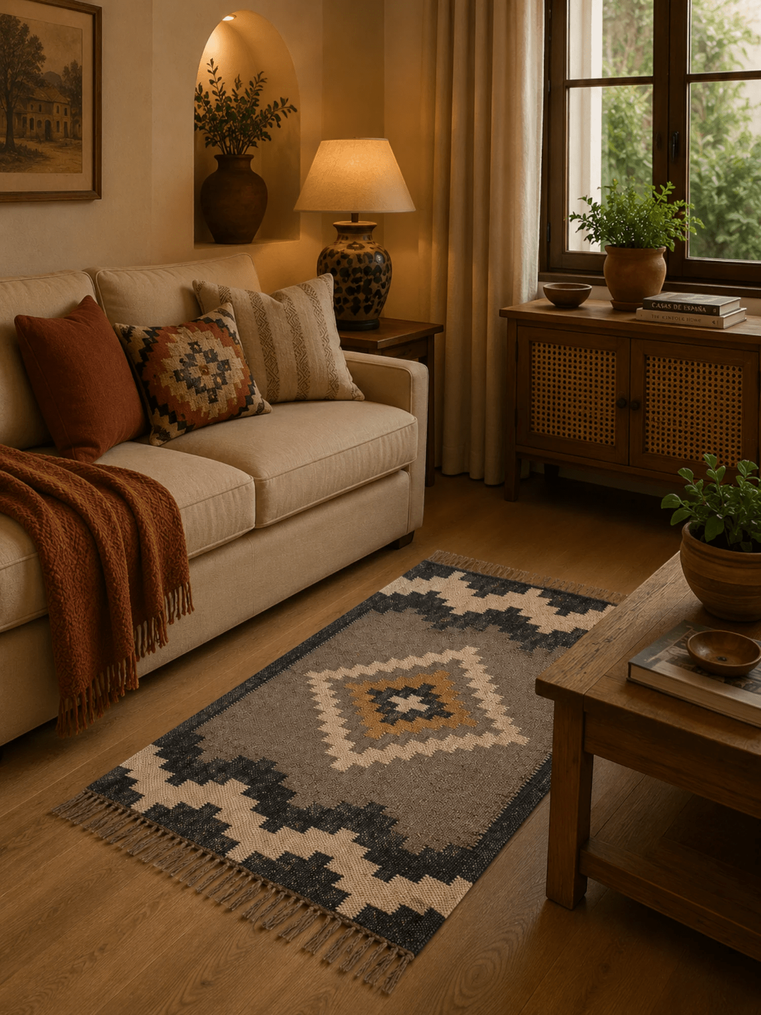 Alfombra Kilim 60x90 cms para (comedor, salón, dormitorio...dinning, living,  room) multicolor de yute y lana.