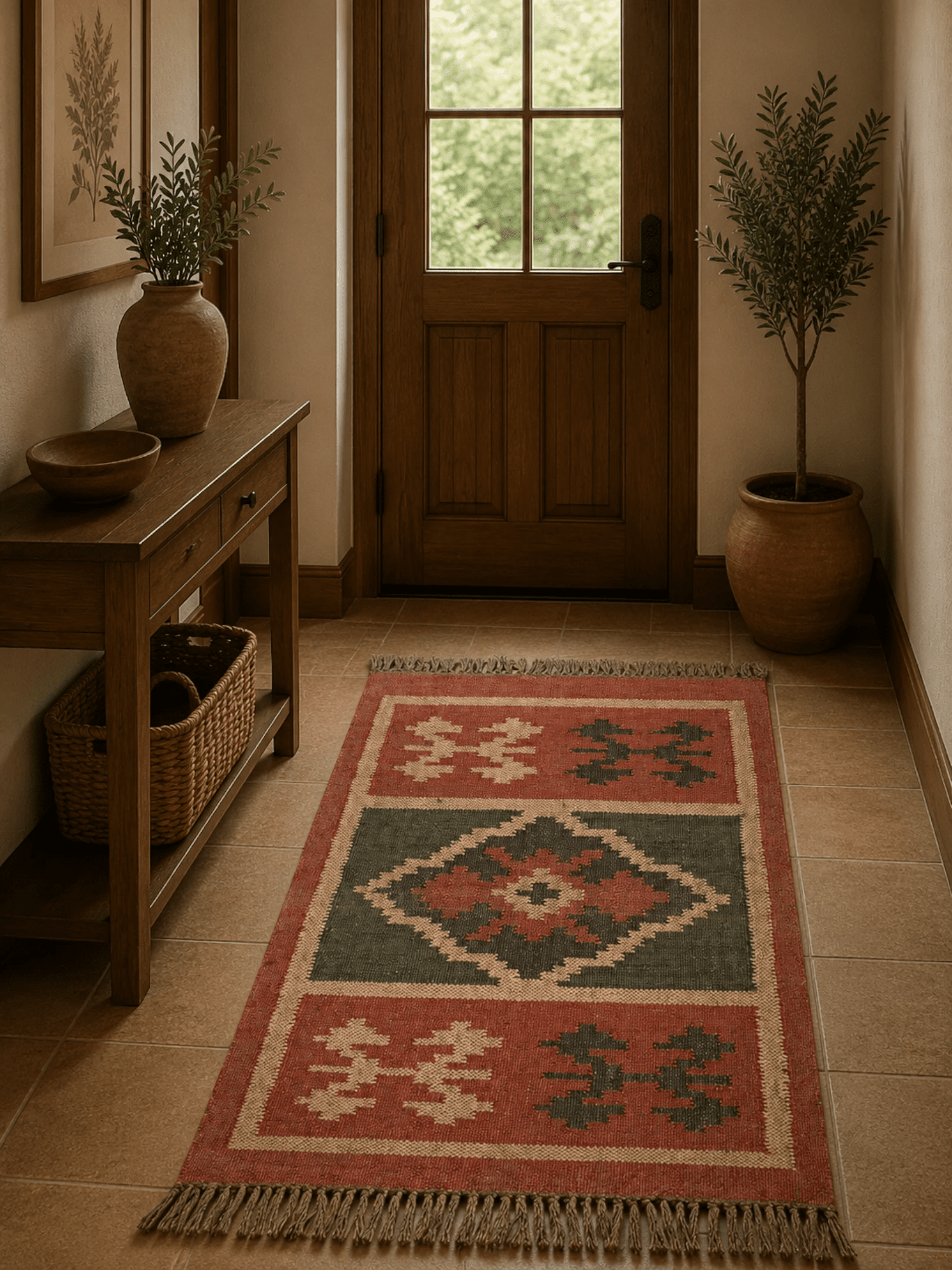 Alfombra Kilim 60x90 cms para (comedor, salón, dormitorio dinning, living,  room) multicolor de yute y lana.