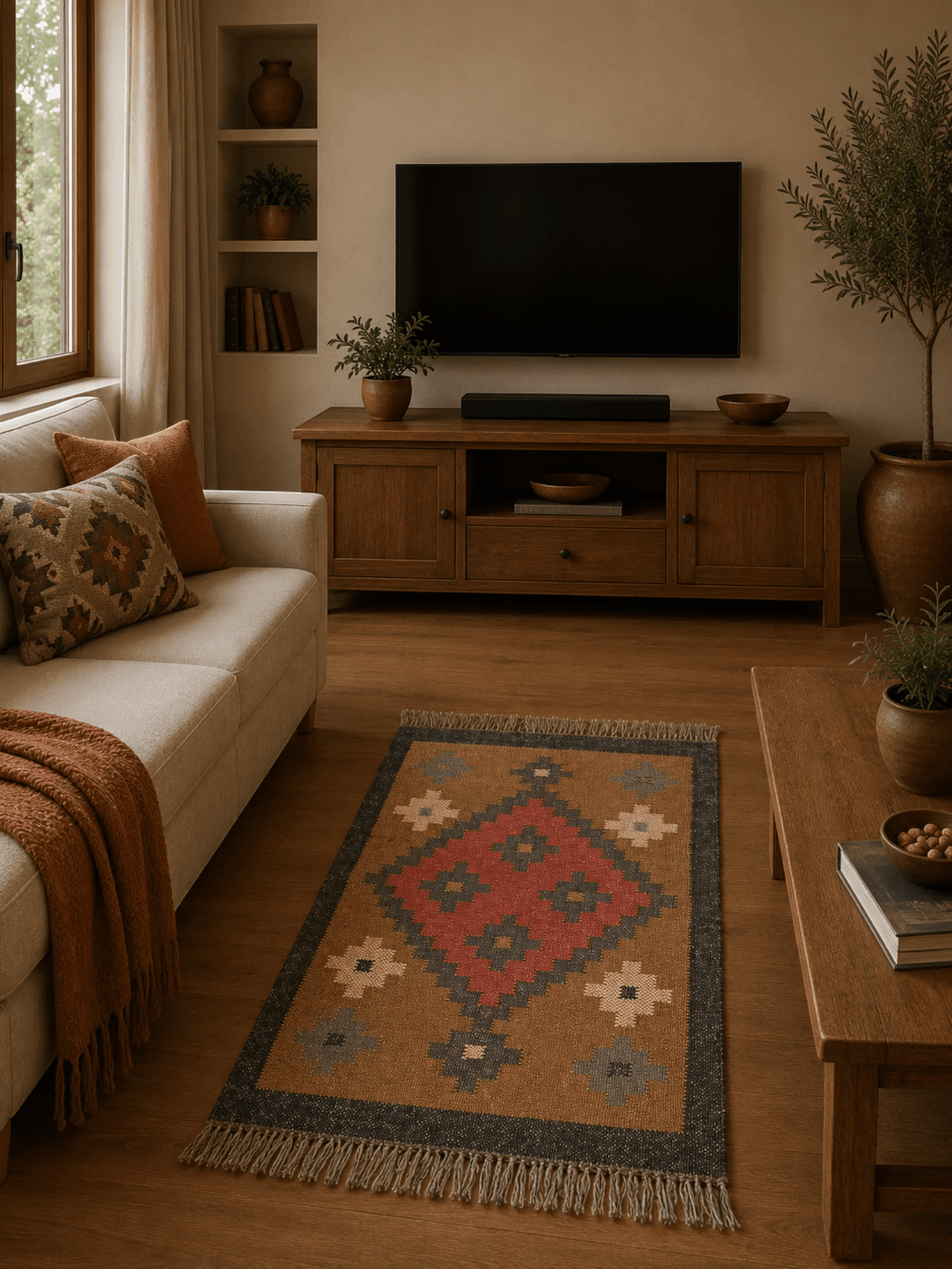 Alfombra Kilim 60x90 cms para (comedor, salón, dormitorio dinning, living,  room) multicolor de yute y lana.