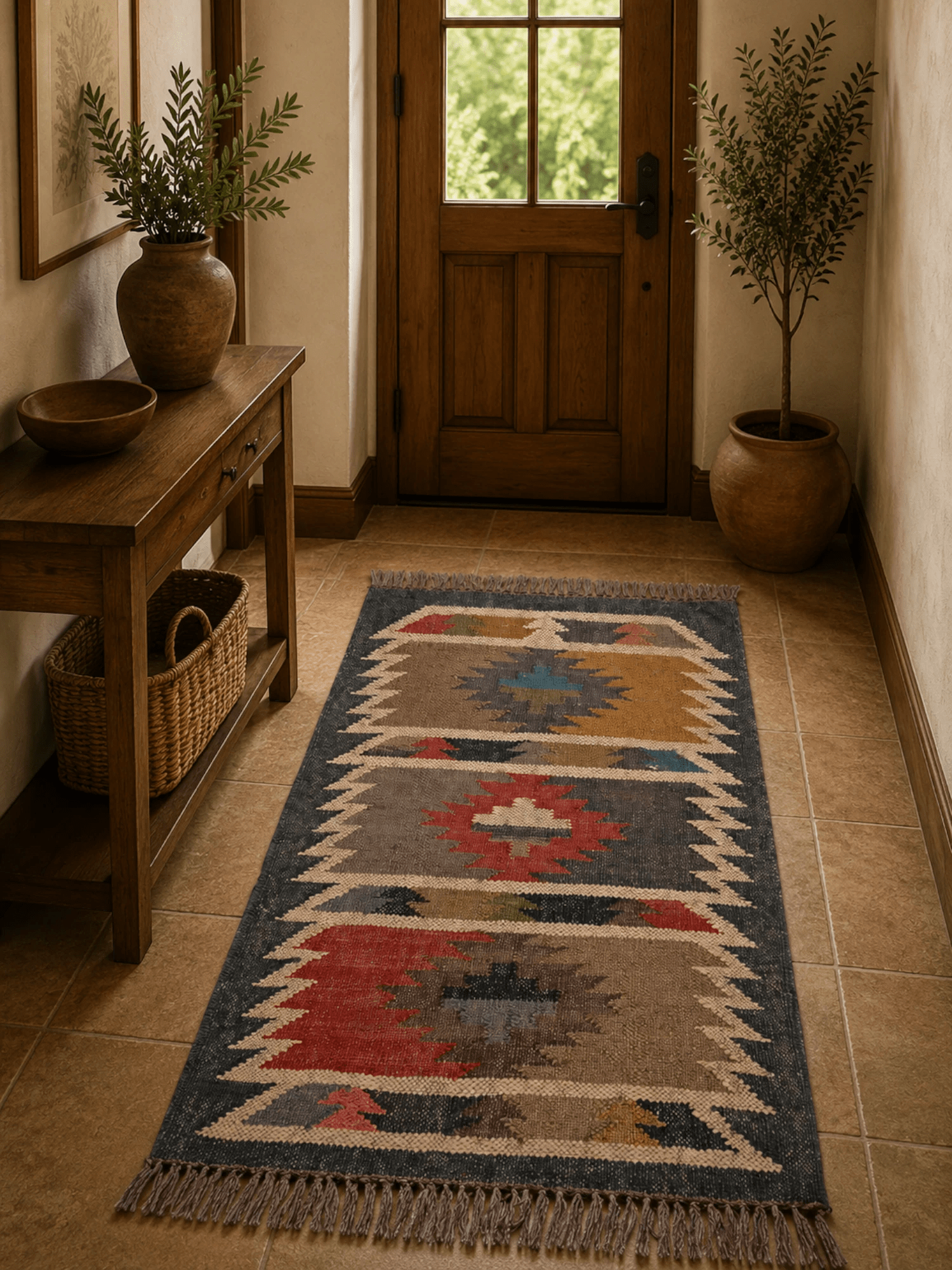 Alfombra Kilim 60x90 cms para (comedor, salón, dormitorio...dinning, living,  room) multicolor de yute y lana.