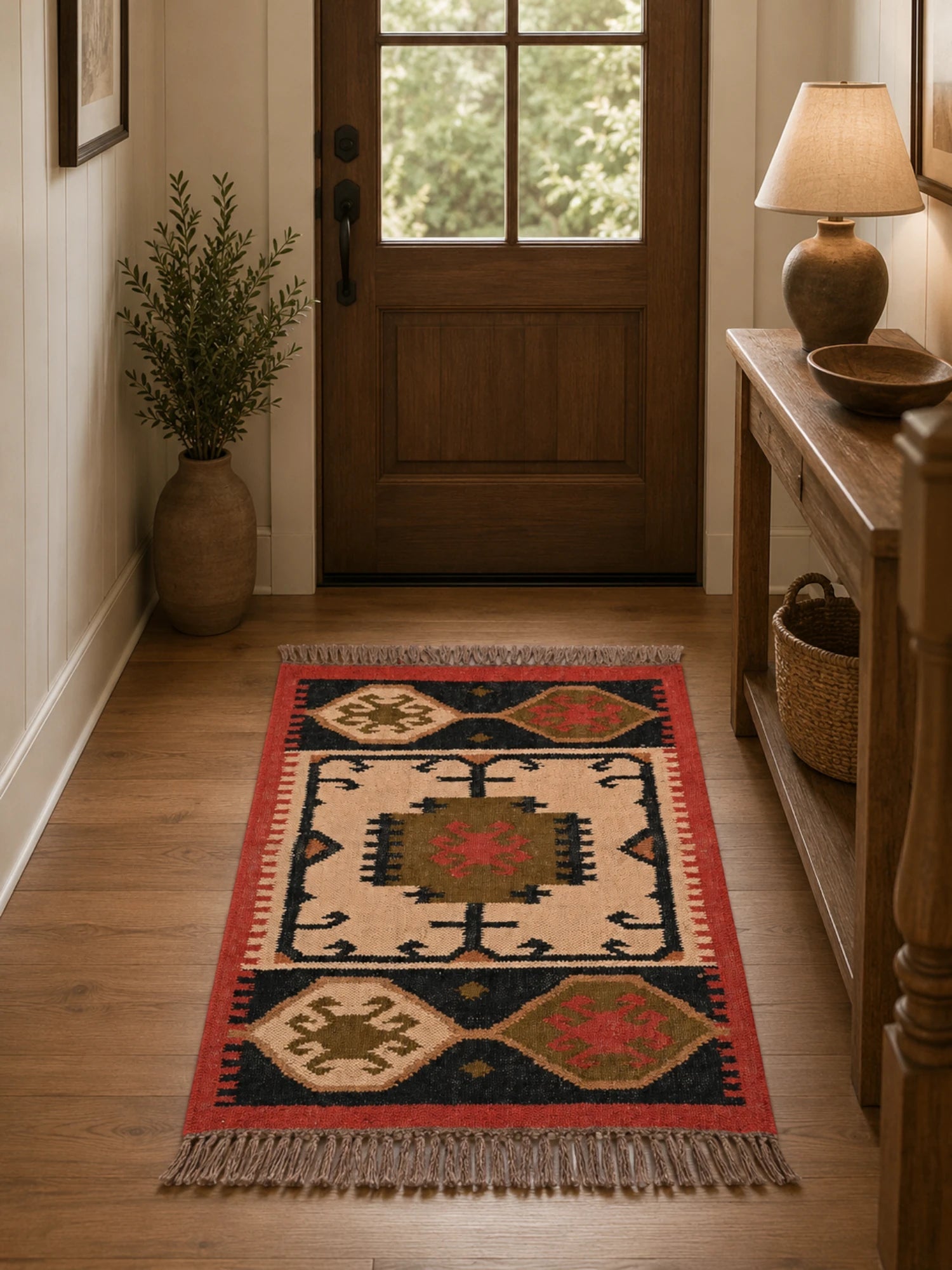 Alfombra Kilim 60x90 cms para (comedor, salón, dormitorio...dinning, living,  room) multicolor de yute y lana.