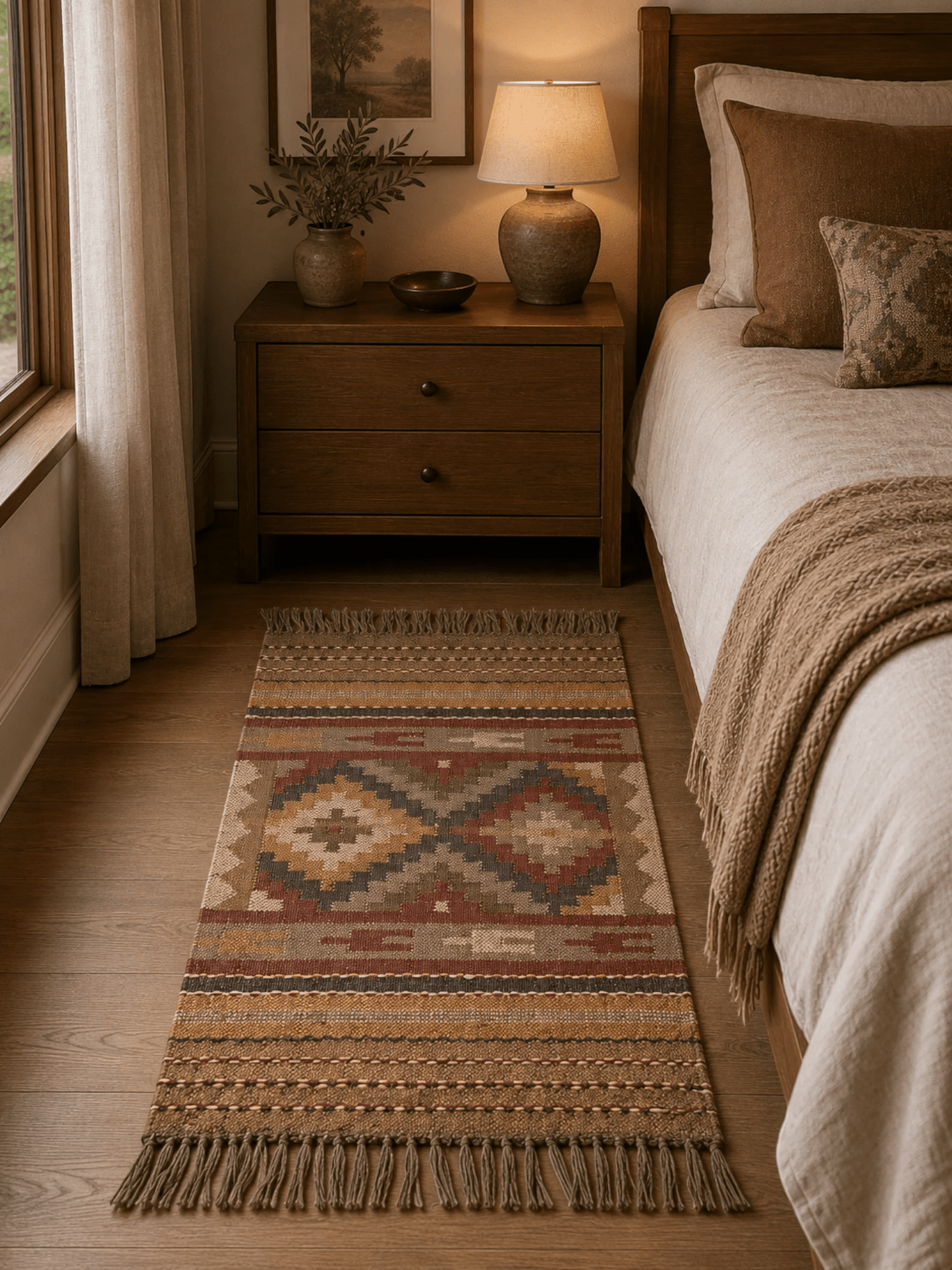 Alfombra Kilim 60x90 cms para (comedor, salón, dormitorio...dinning, living,  room) multicolor de yute y lana.