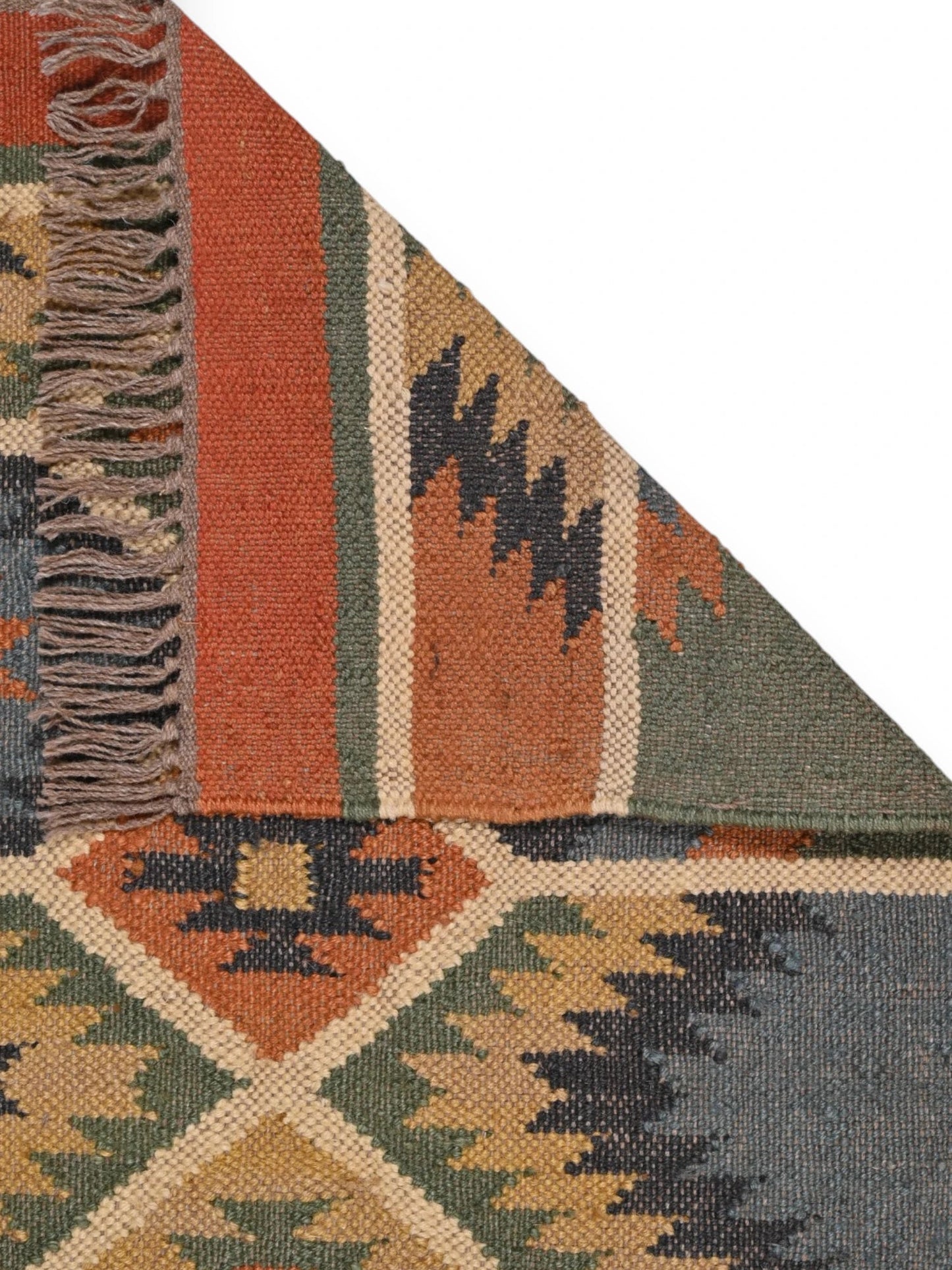 Detalle de alfombra kilim pasillo 60x90 multicolor hecha a mano en fibras naturales