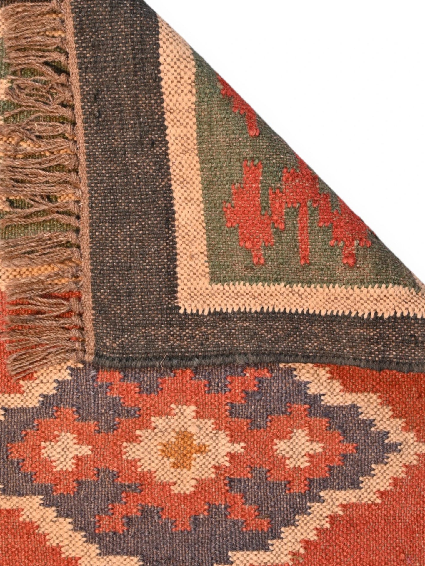 Detalle de alfombras kililm pasillo 60x90 multicolor necha a mano en fibras naturales