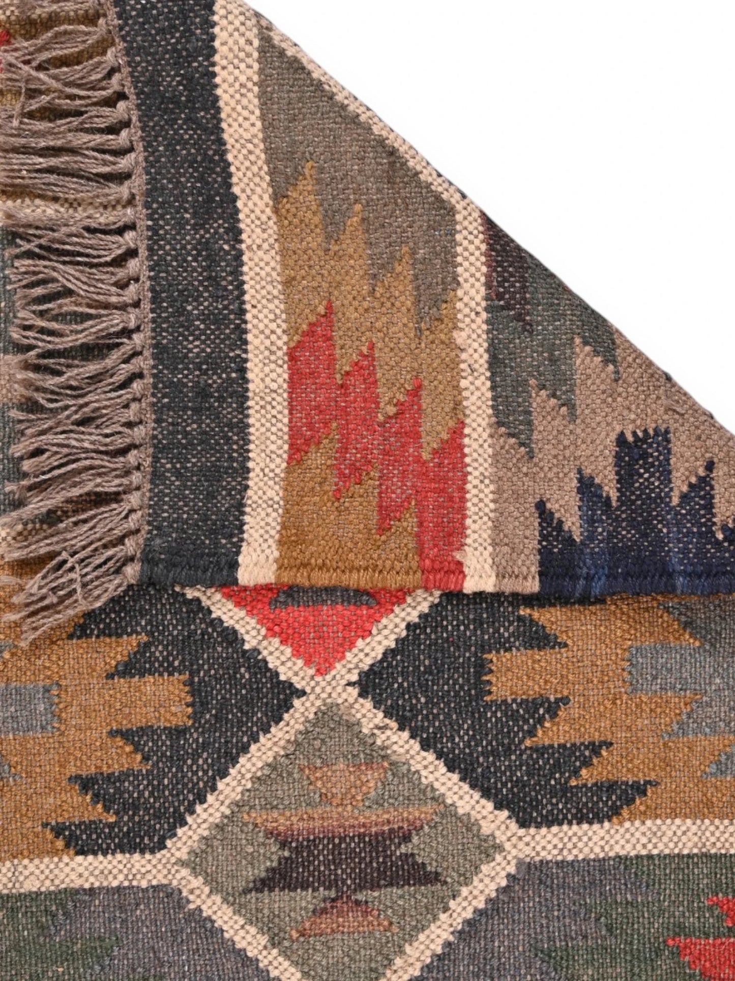 Detalle de alfombras kililm pasillo 60x90 multicolor necha a mano en fibras naturales