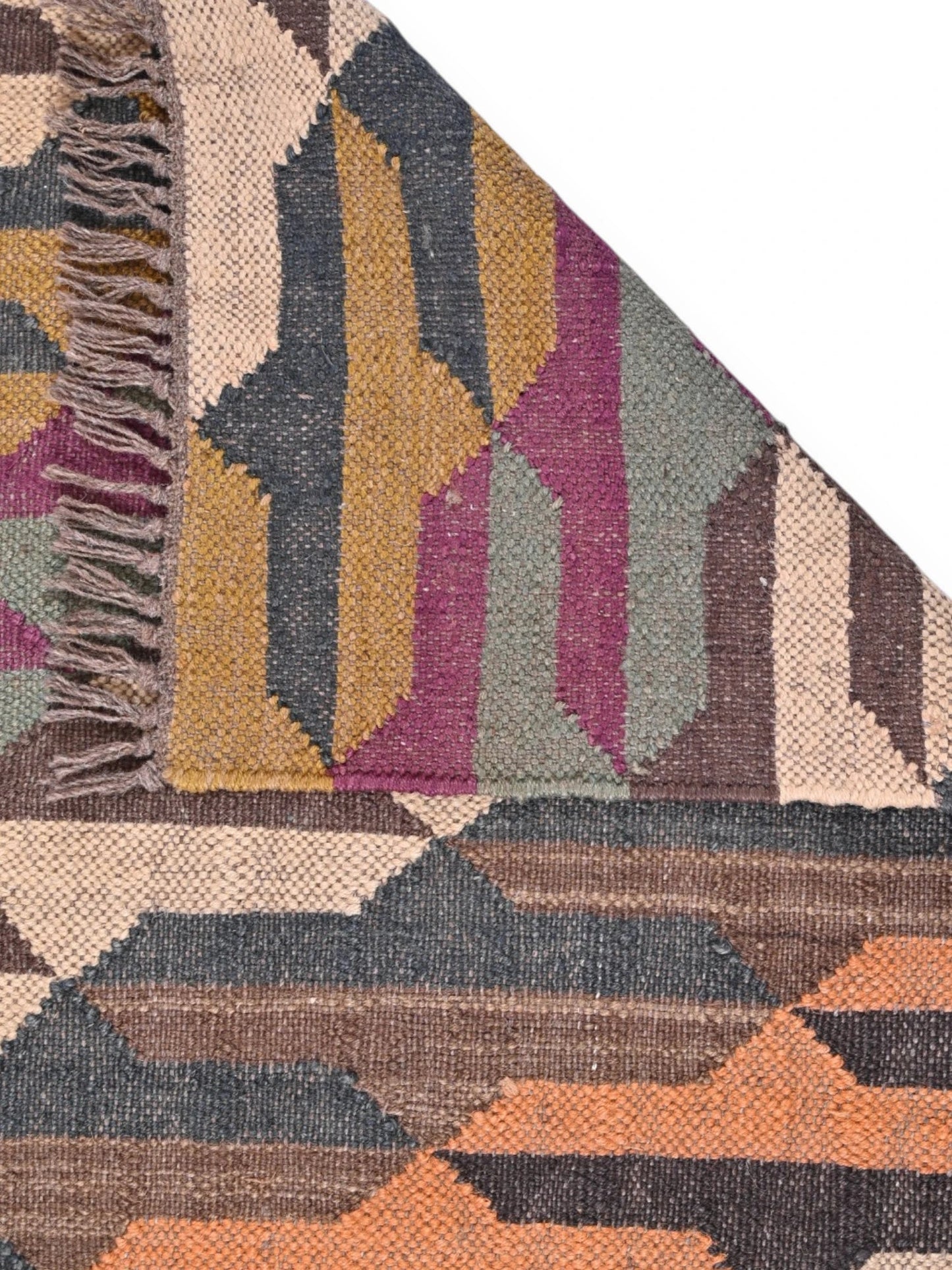 Detalle de alfombras kililm pasillo 60x90 multicolor necha a mano en fibras naturales