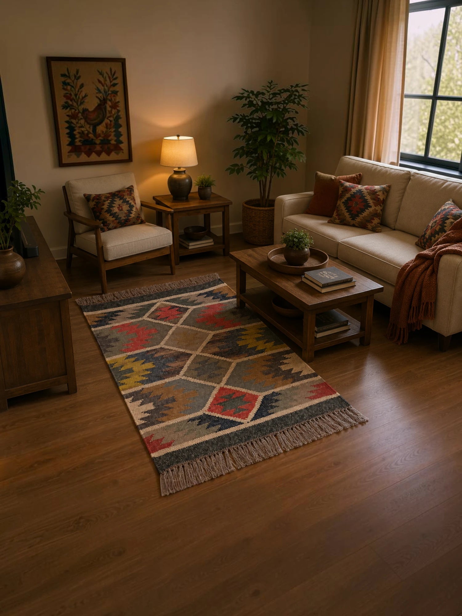Alfombra Kilim 60x90 para (comedor, salón, dormitorio...dinning, living,  room) multicolor de yute y lana.