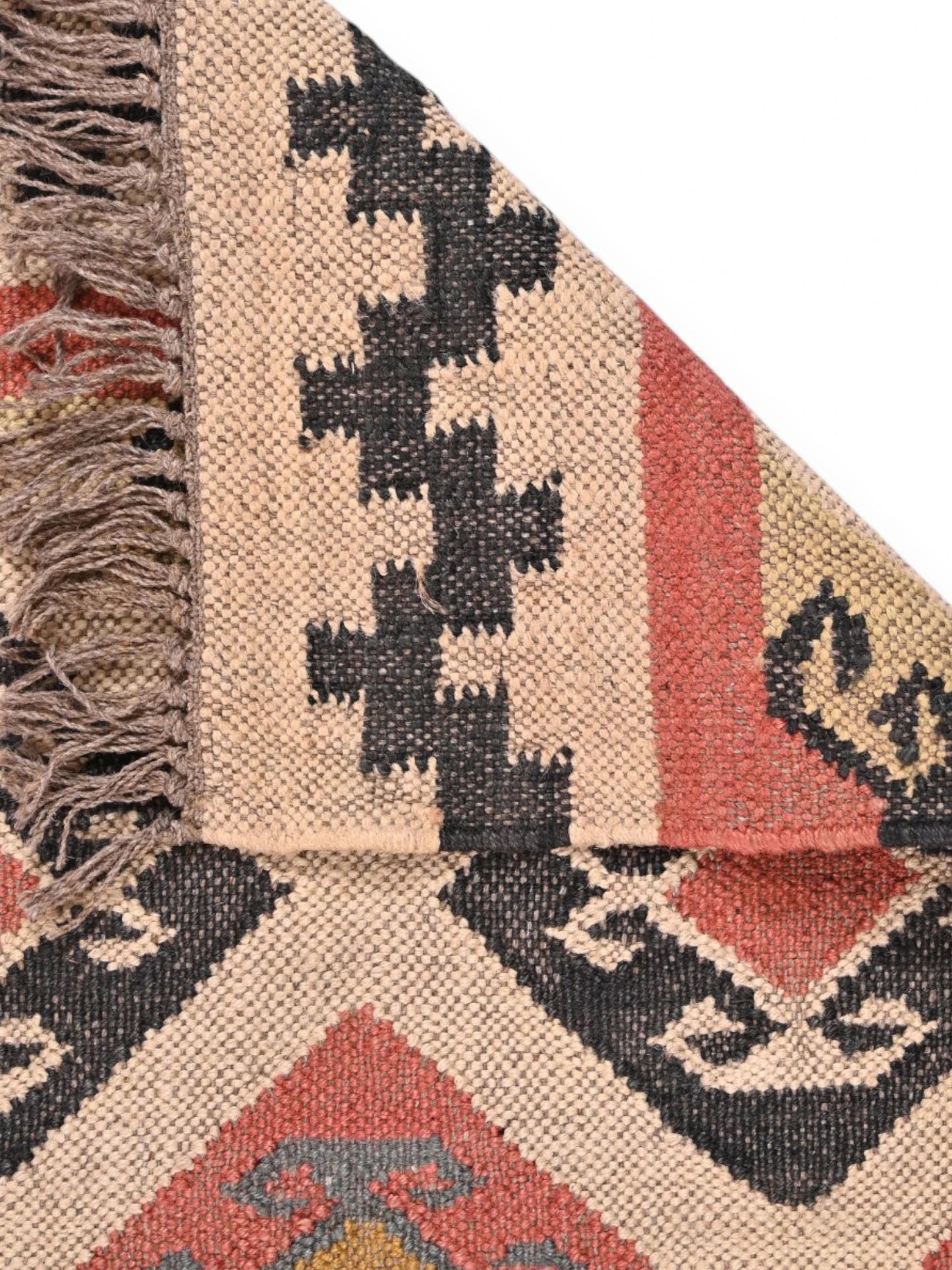 Detalle de alfombras kililm pasillo 60x90 multicolor necha a mano en fibras naturales