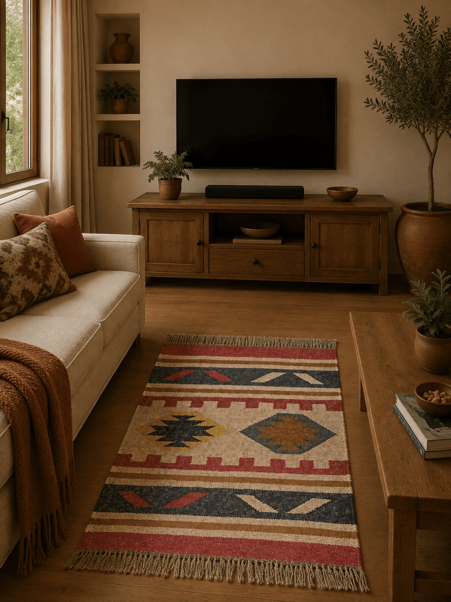 Alfombra Kilim 60x90 cms para (comedor, salón, dormitorio...dinning, living,  room) multicolor de yute y lana.