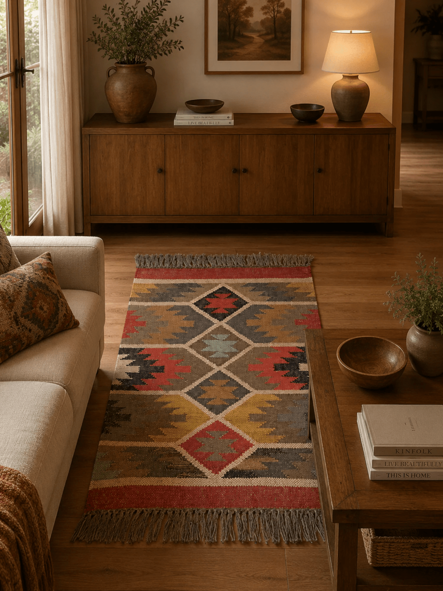 Alfombra Kilim 60x90 cms para (comedor, salón, dormitorio...dinning, living,  room) multicolor de yute y lana.