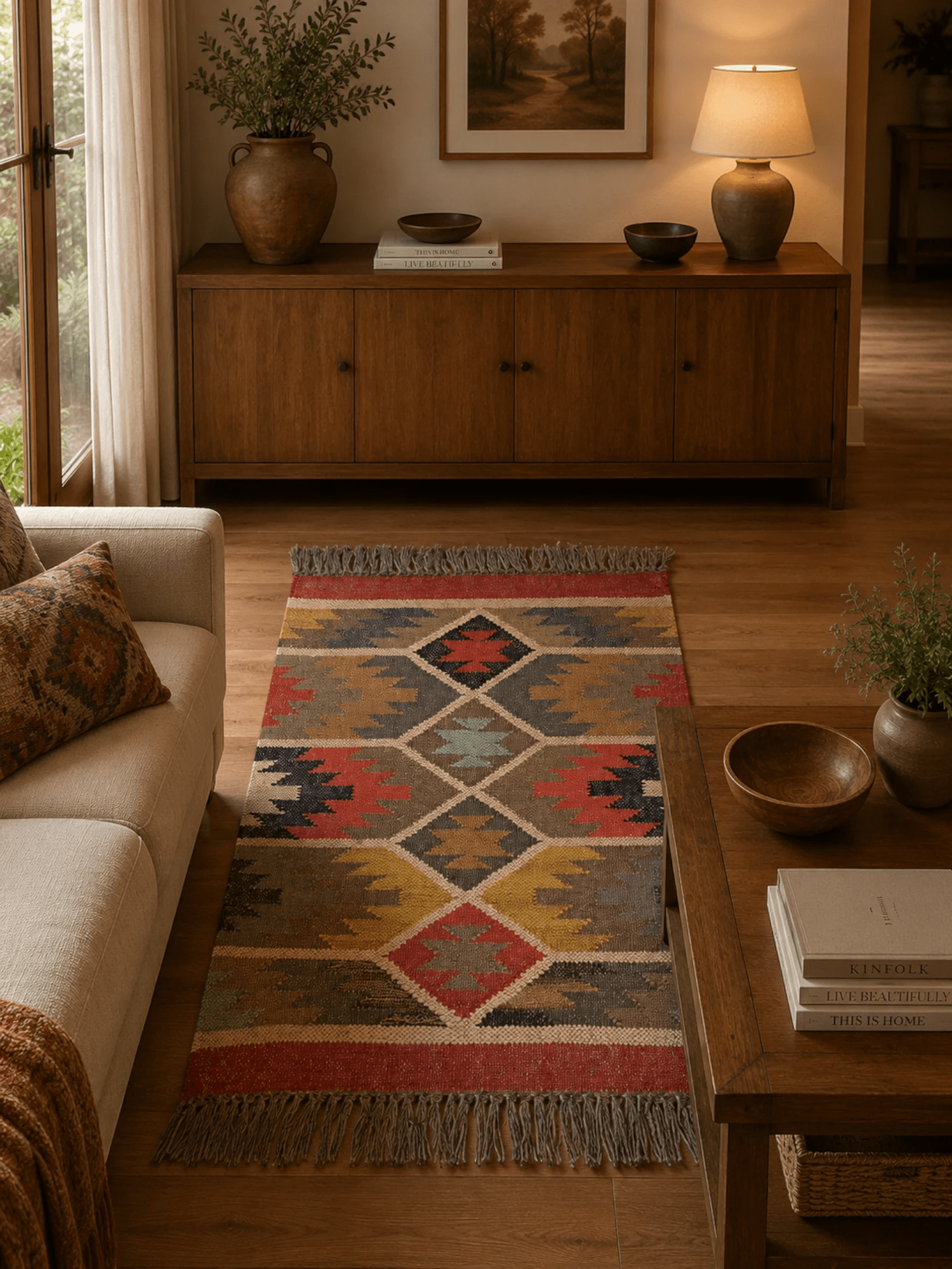 Alfombra Kilim 60x90 cms para (comedor, salón, dormitorio...dinning, living,  room) multicolor de yute y lana.