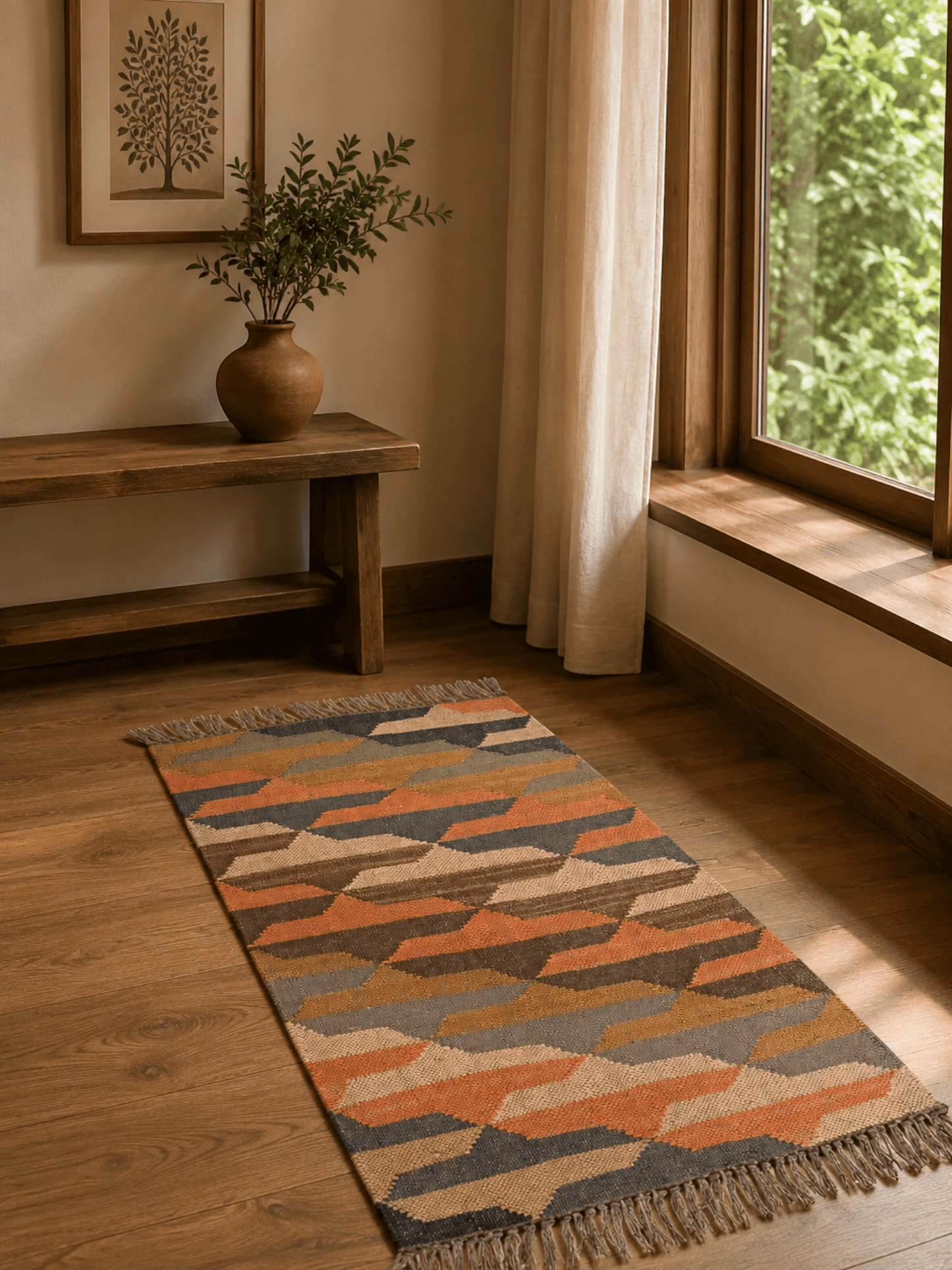 Alfombra Kilim 60x90 cms para (comedor, salón, dormitorio dinning, living,  room) multicolor de yute y lana.