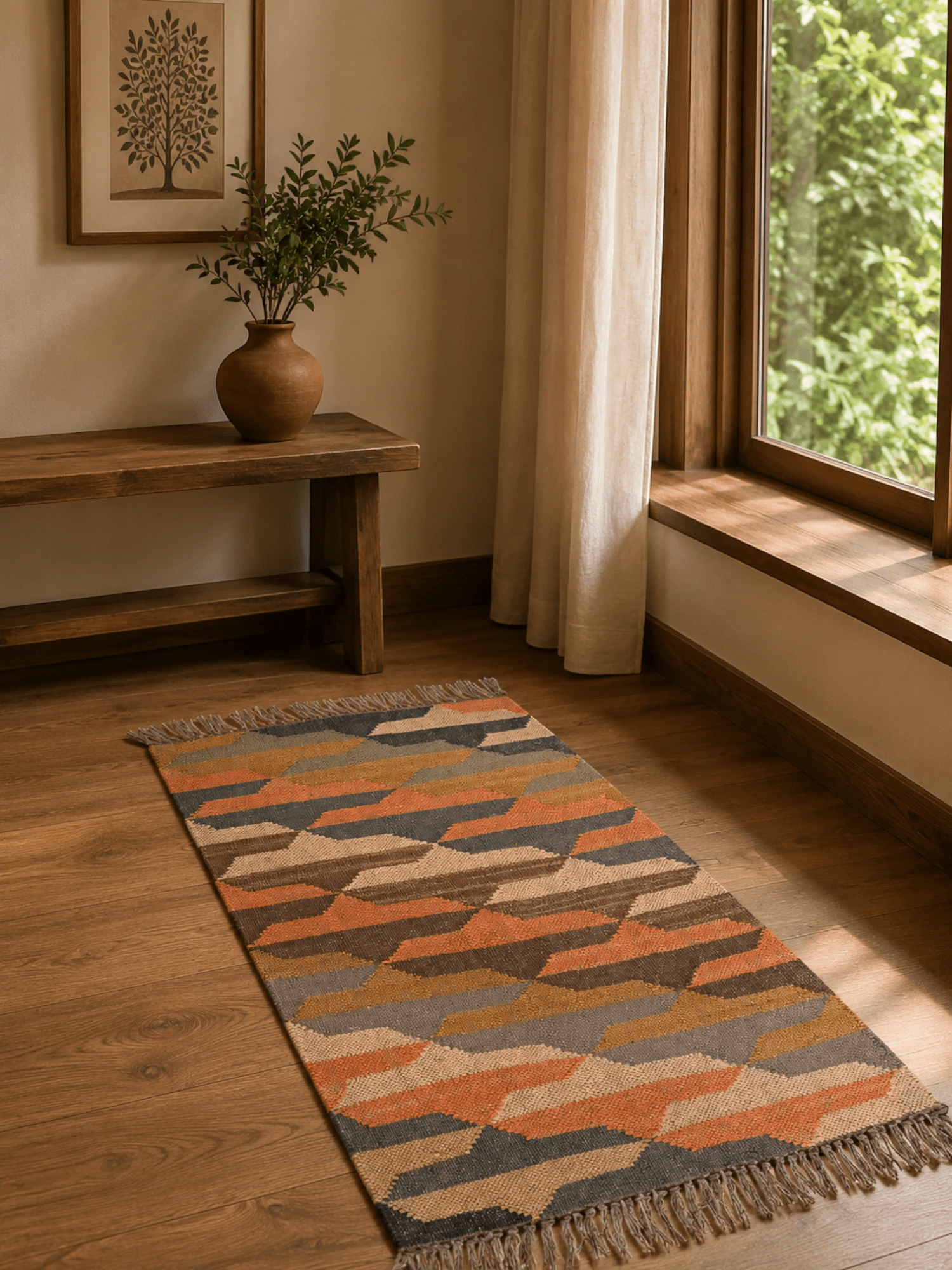 Alfombra Kilim 60x90 cms para (comedor, salón, dormitorio dinning, living,  room) multicolor de yute y lana.