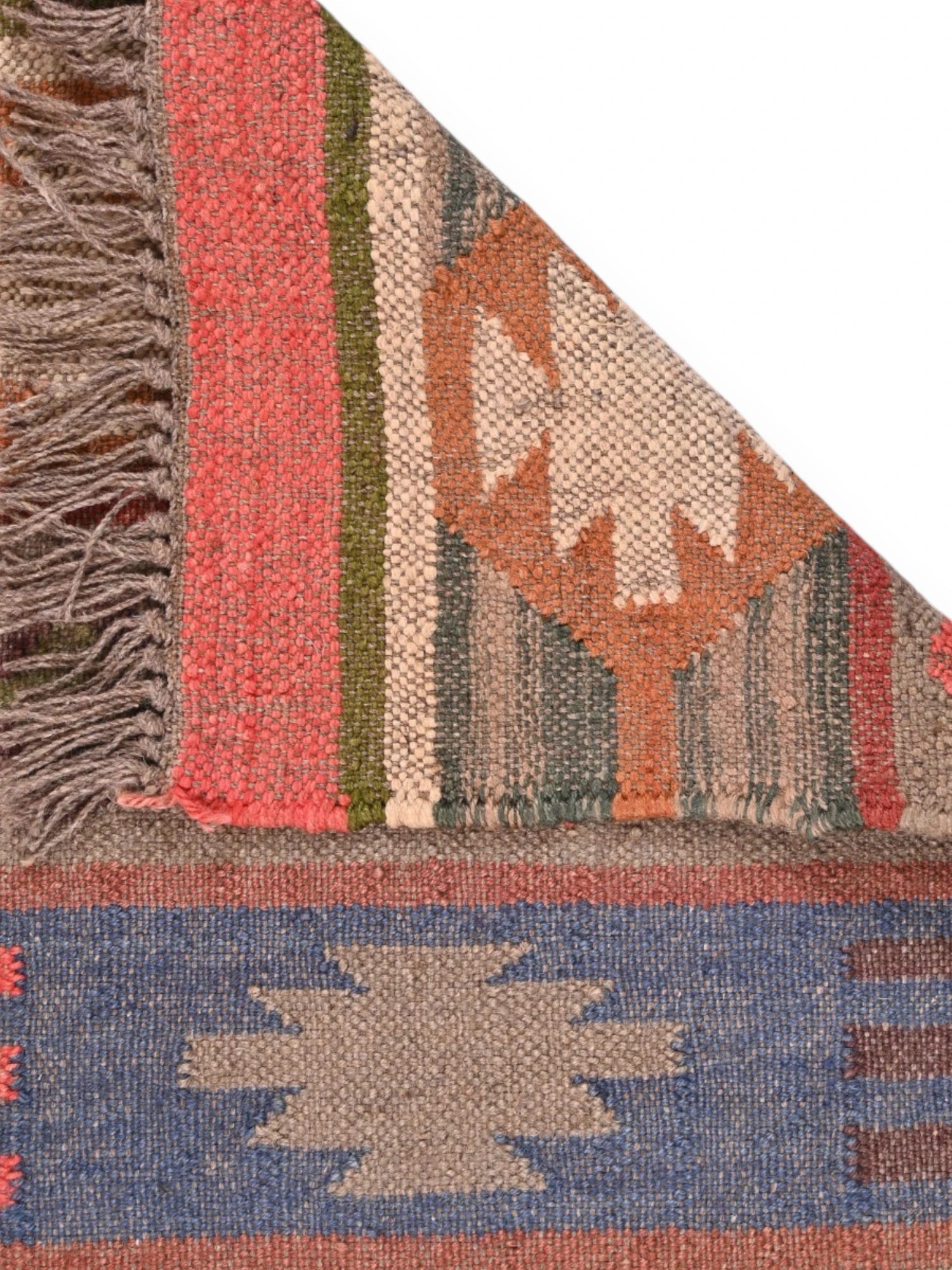 Detalle de alfombras kililm pasillo 60x90 multicolor necha a mano en fibras naturales