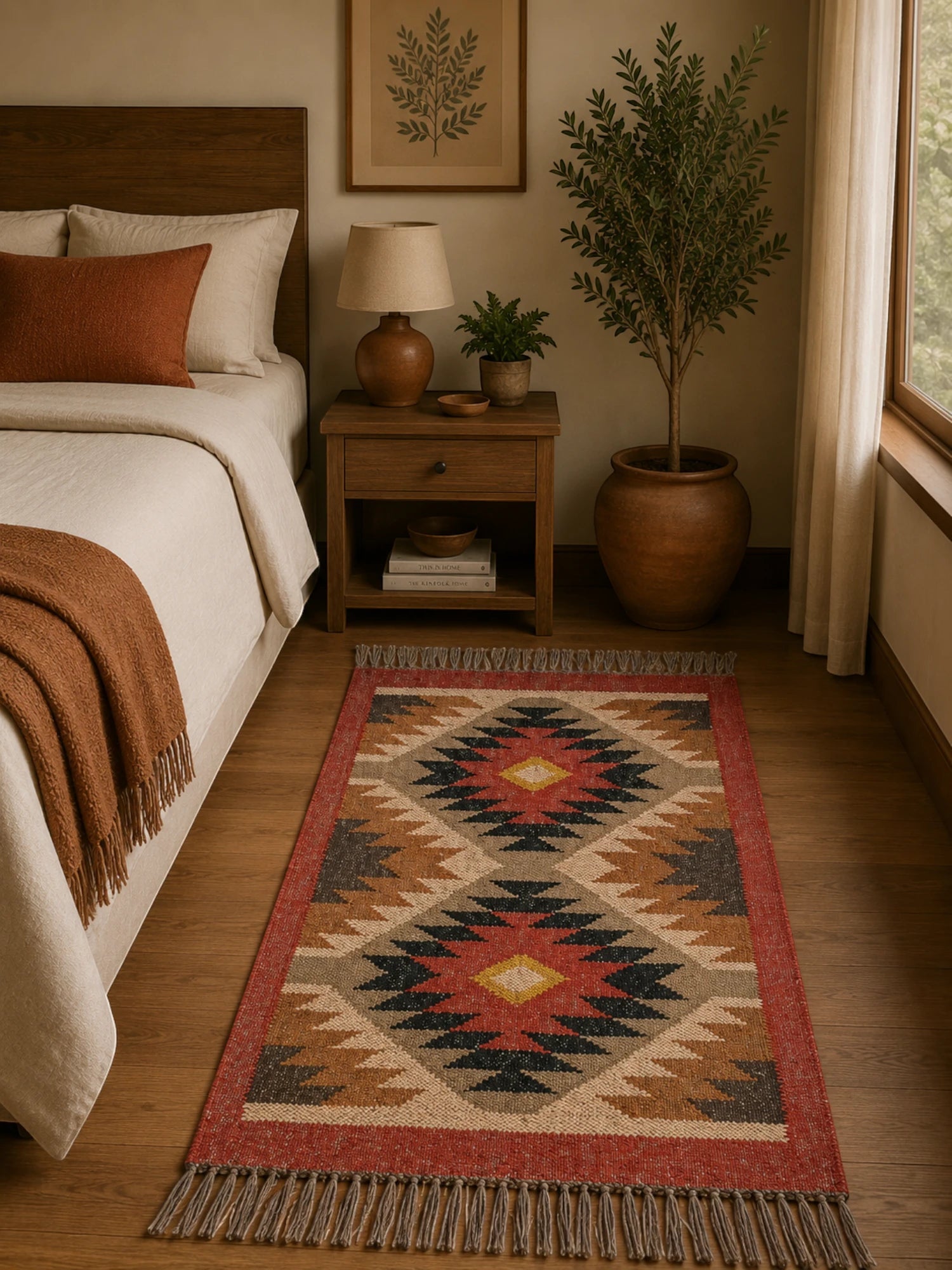 Alfombra Kilim 60x90 cms para (comedor, salón, dormitorio dinning, living,  room) multicolor de yute y lana.