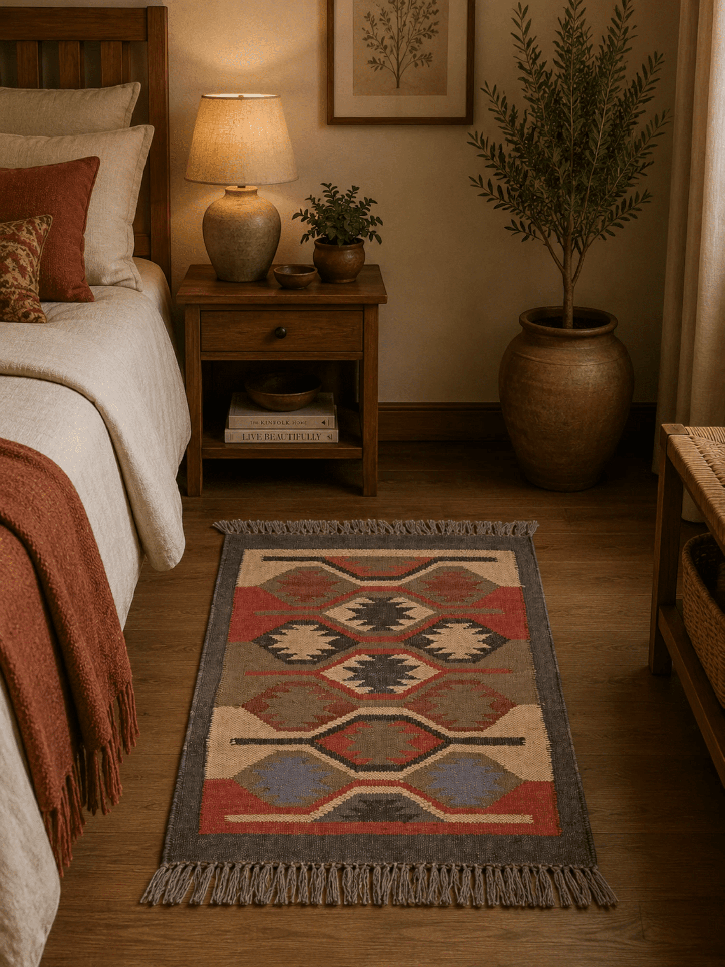 Alfombra Kilim 60x90 cms para (comedor, salón, dormitorio...dinning, living,  room) multicolor de yute y lana.