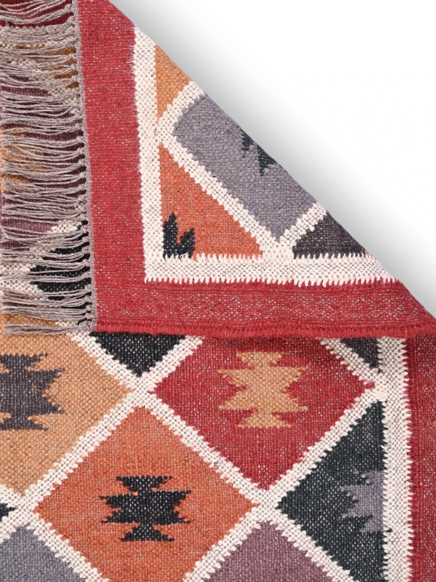 Detalle de alfombras kililm pasillo 60x90 multicolor necha a mano en fibras naturales