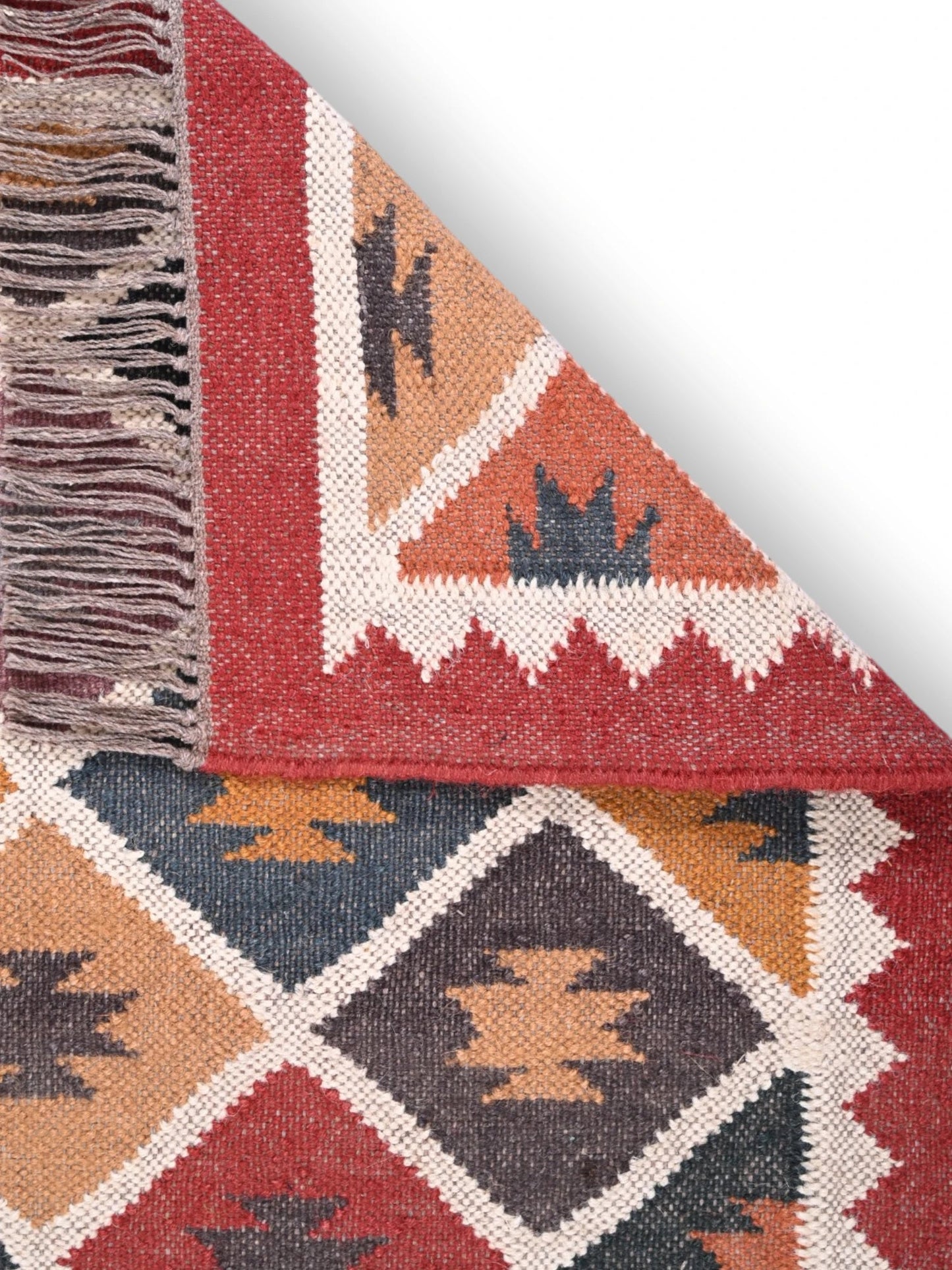 Detalle de alfombras kililm pasillo 60x90 multicolor necha a mano en fibras naturales