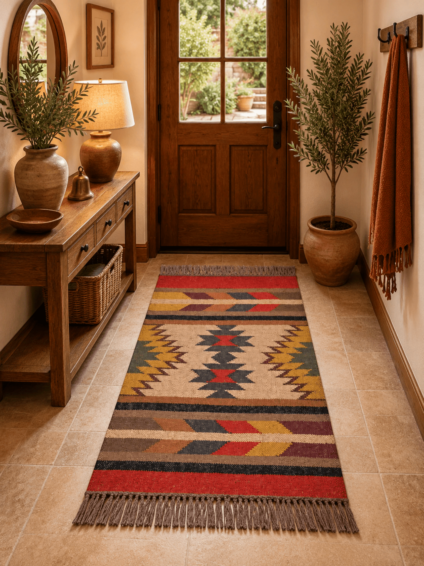 Alfombra Kilim 60x90 cms para (comedor, salón, dormitorio...dinning, living,  room) multicolor de yute y lana.