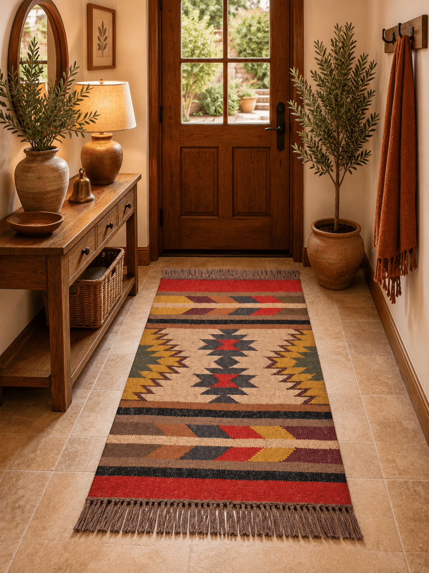 Alfombra Kilim 60x90 cms para (comedor, salón, dormitorio...dinning, living,  room) multicolor de yute y lana.