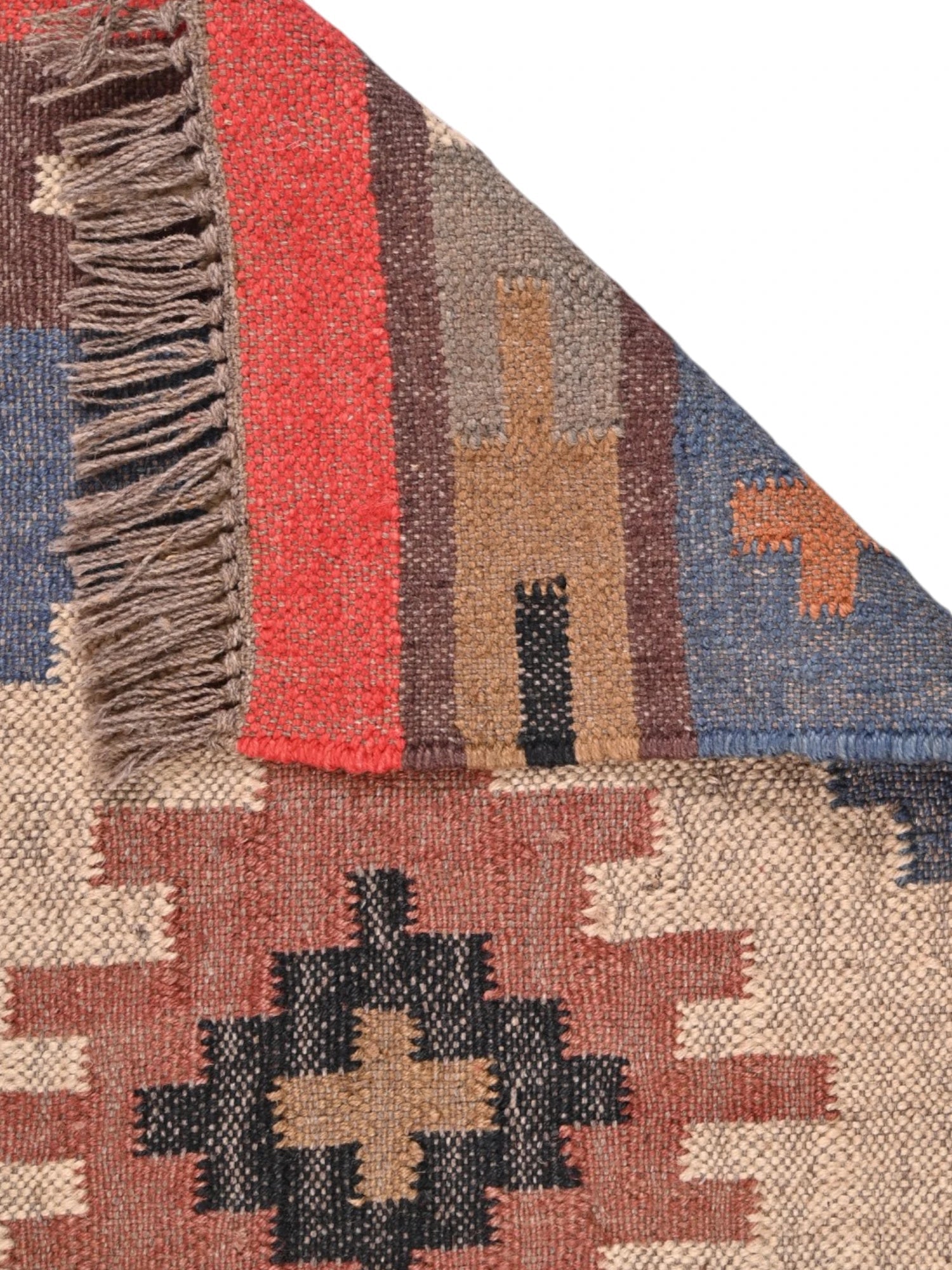 Detalle de alfombras kililm pasillo 60x90 multicolor necha a mano en fibras naturales
