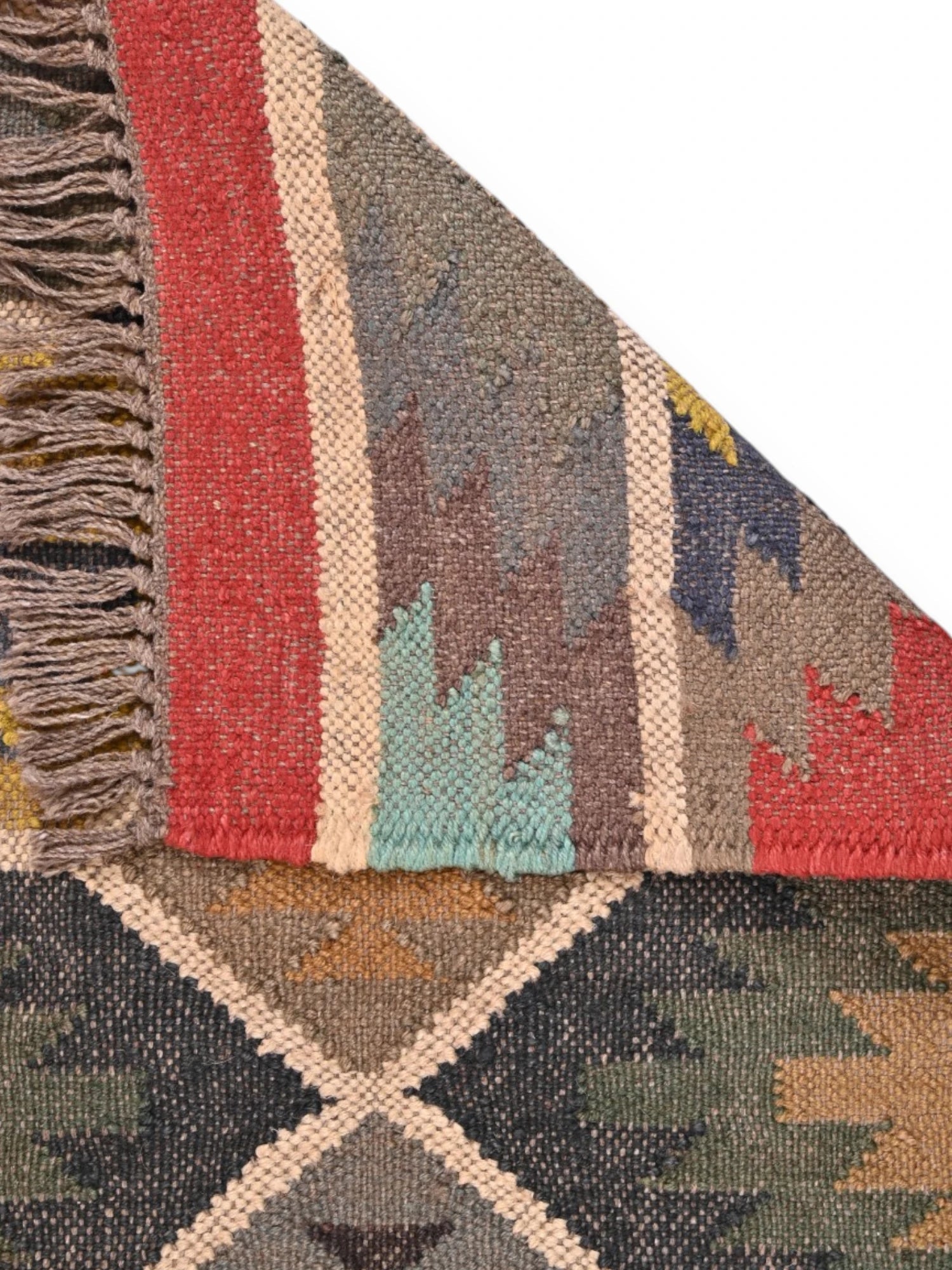 Detalle de alfombras kililm pasillo 60x90 multicolor necha a mano en fibras naturales