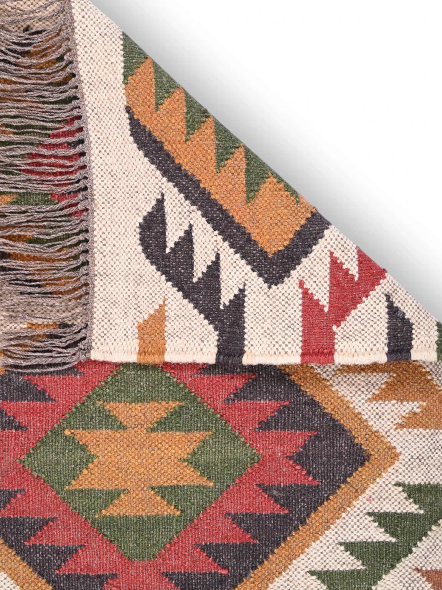 Detalle de alfombras kililm pasillo 60x90 multicolor necha a mano en fibras naturales
