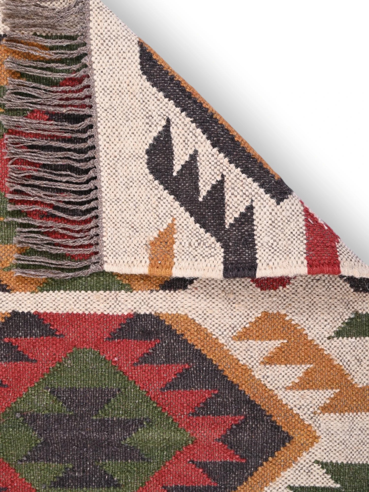 Detalle de alfombras kililm pasillo 60x90 multicolor necha a mano en fibras naturales