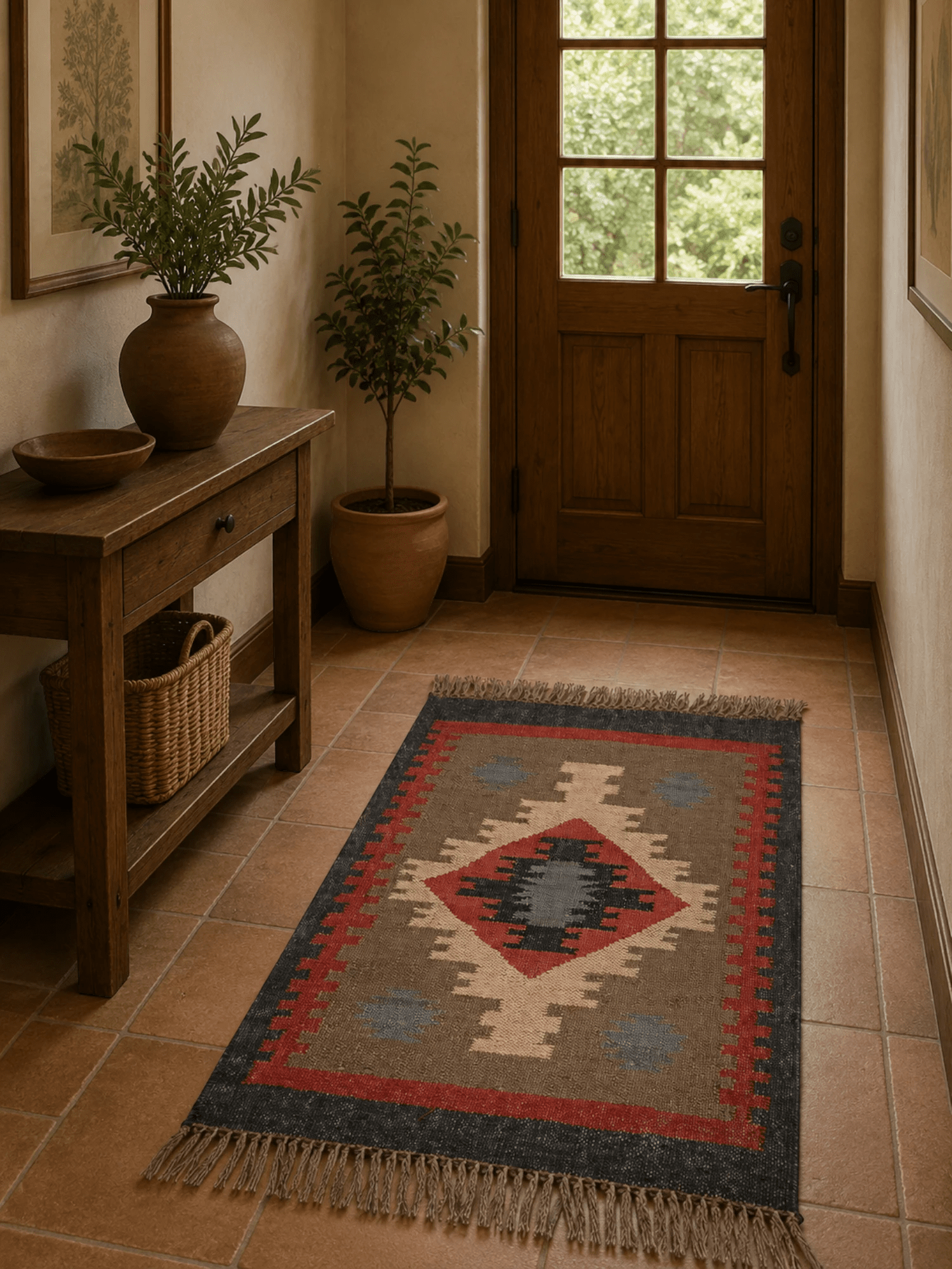 Alfombra Kilim 60x90 cms para (comedor, salón, dormitorio...dinning, living,  room) multicolor de yute y lana.