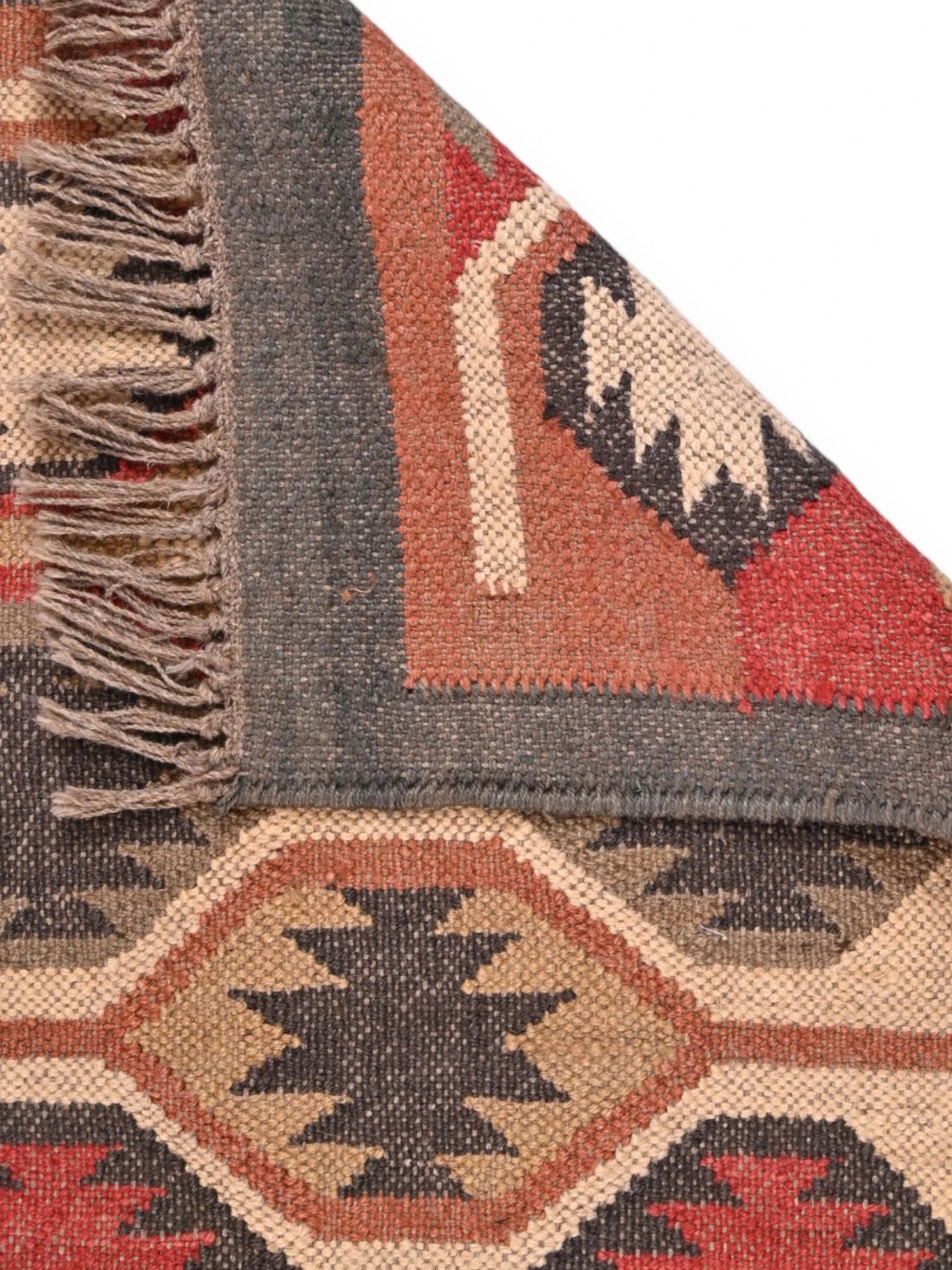 Detalle de alfombras kililm pasillo 60x90 multicolor necha a mano en fibras naturales