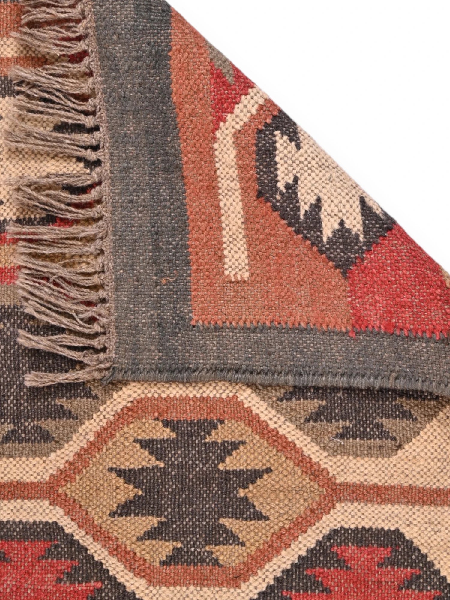 Detalle de alfombras kililm pasillo 60x90 multicolor necha a mano en fibras naturales
