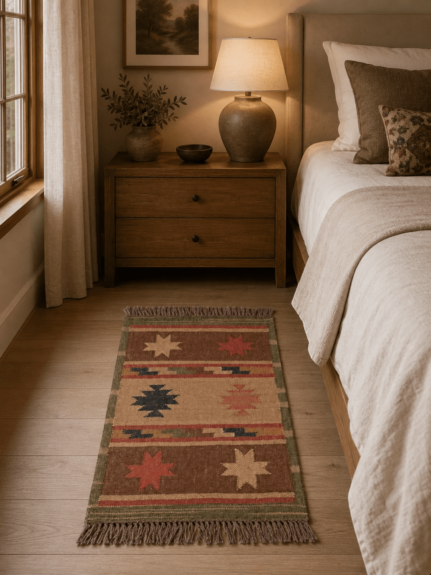 Alfombra Kilim 60x90 cms para (comedor, salón, dormitorio...dinning, living,  room) multicolor de yute y lana.