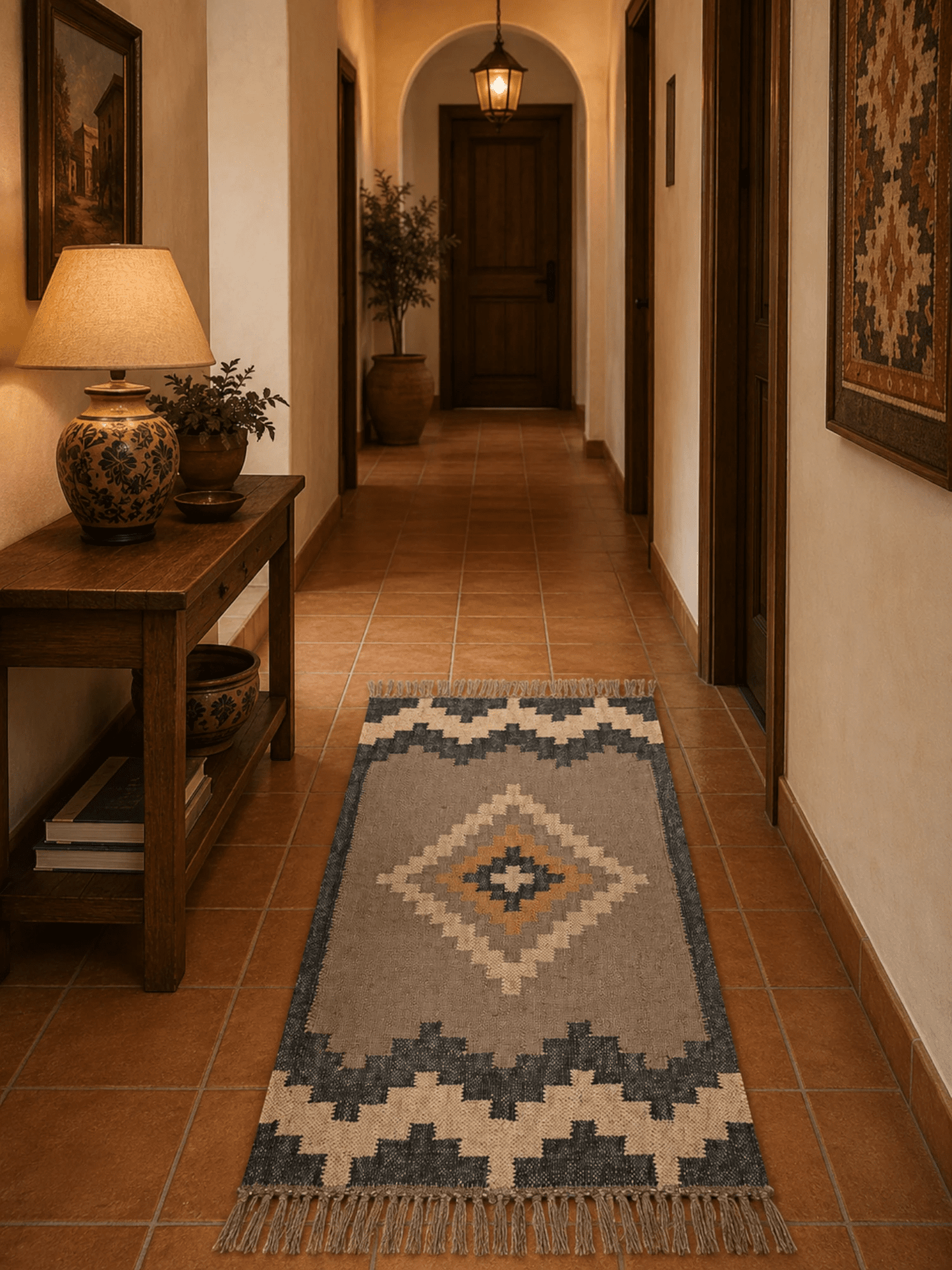 Alfombra Kilim 60x90 cms para (comedor, salón, dormitorio...dinning, living,  room) negro crema de yute y lana.