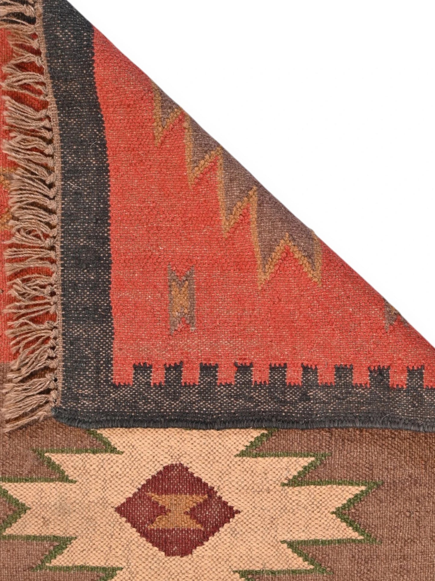 Detalle de alfombras kililm pasillo 75x120 multicolor verde necha a mano en fibras naturales