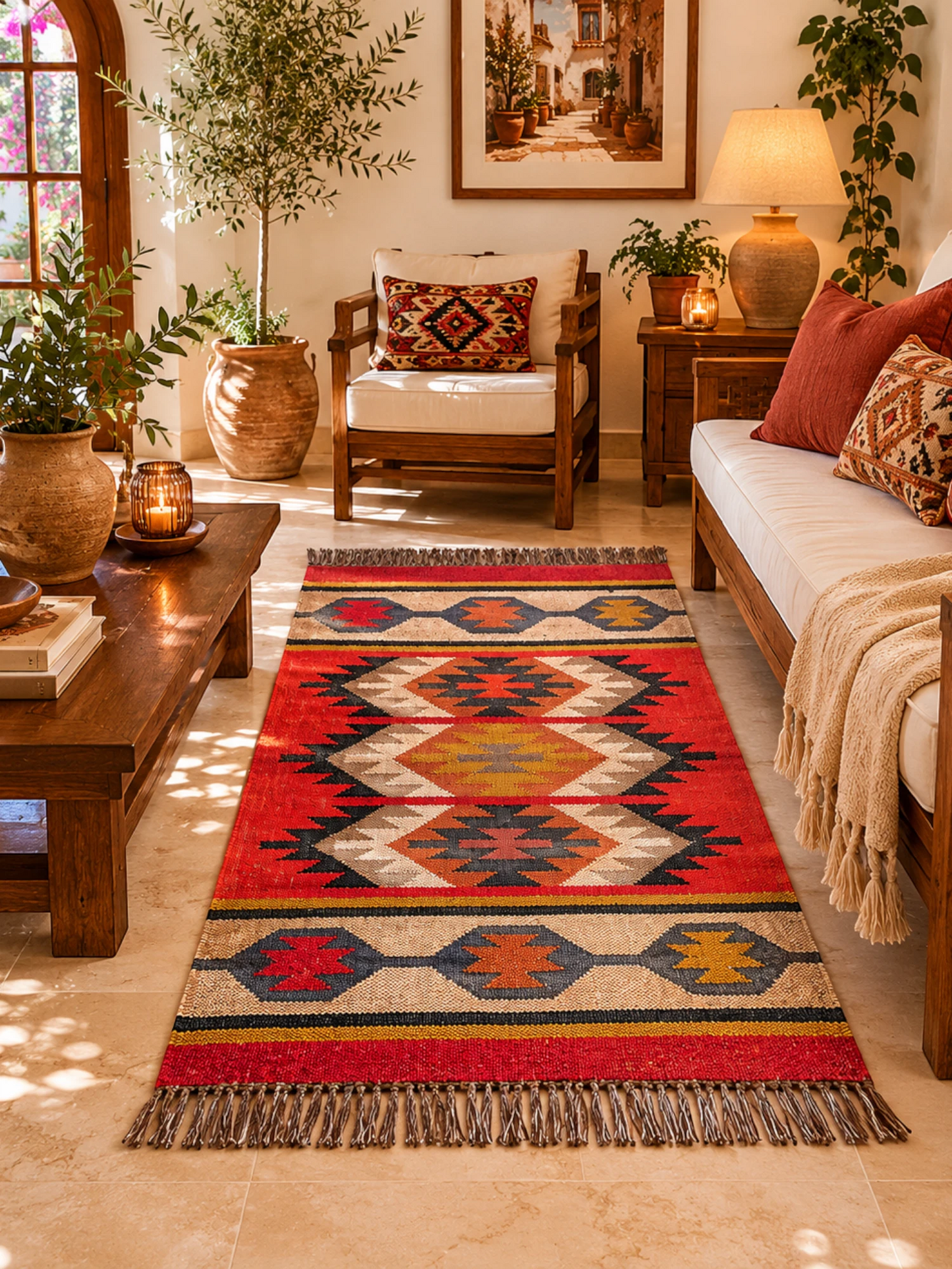 Alfombra Kilim 75x120 para (comedor, salón, dormitorio...dinning, living,  room) multicolor de yute y lana.