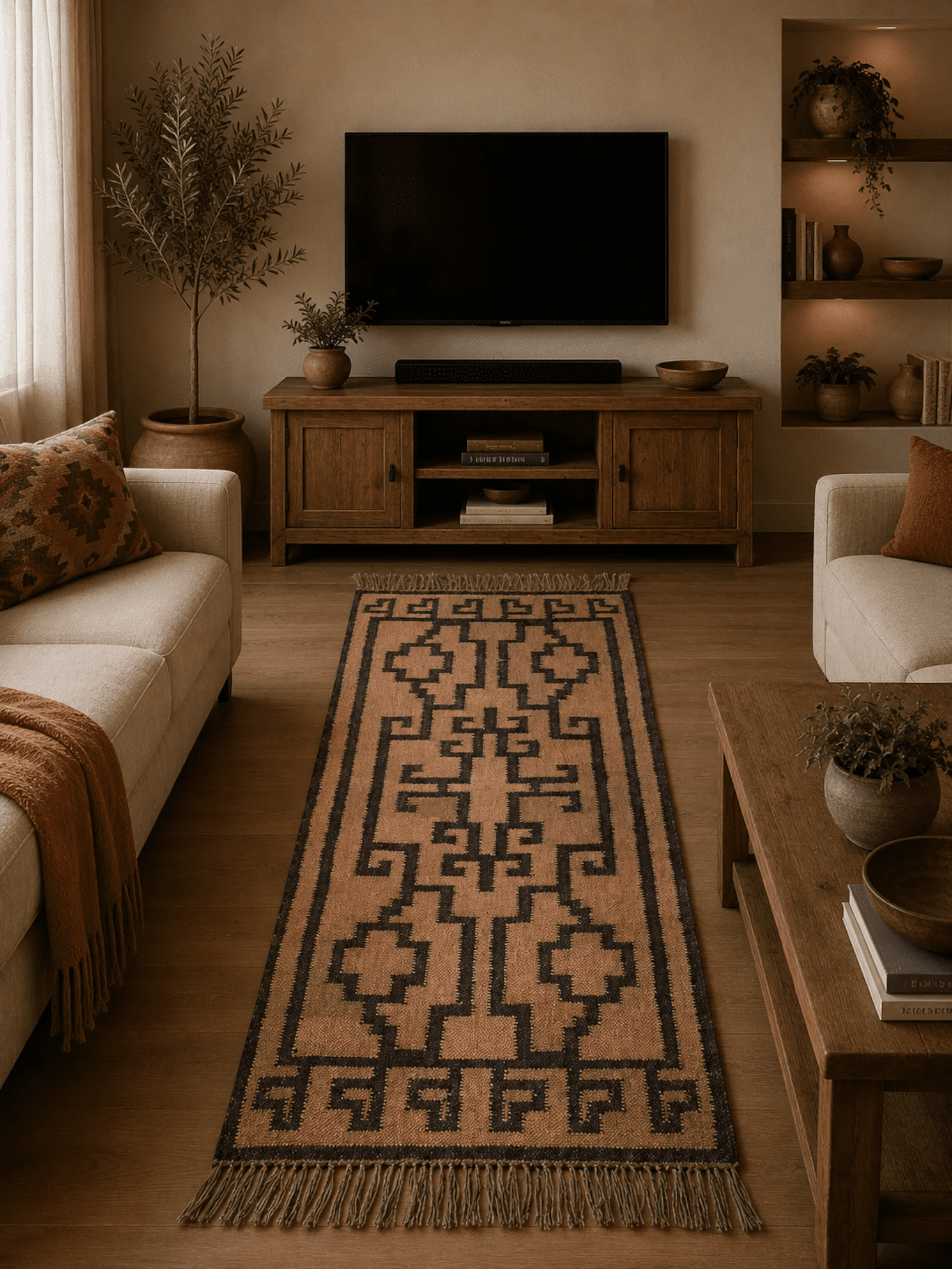 Alfombra Kilim 75x180 cms para (comedor, salón, dormitorio...dinning, living,  room) beige negro de yute y lana.
