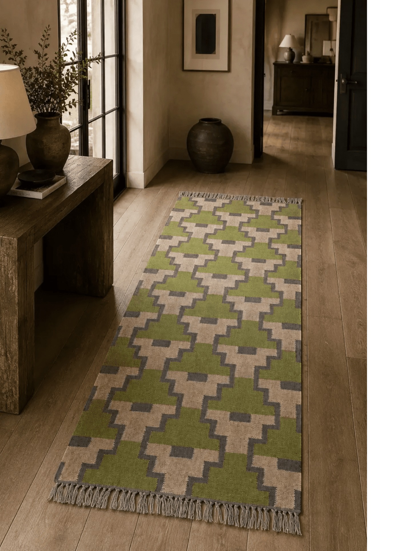 Detalle de alfombra kilim pasillo 75x180 Verde y marrón hecha a mano en fibras naturales